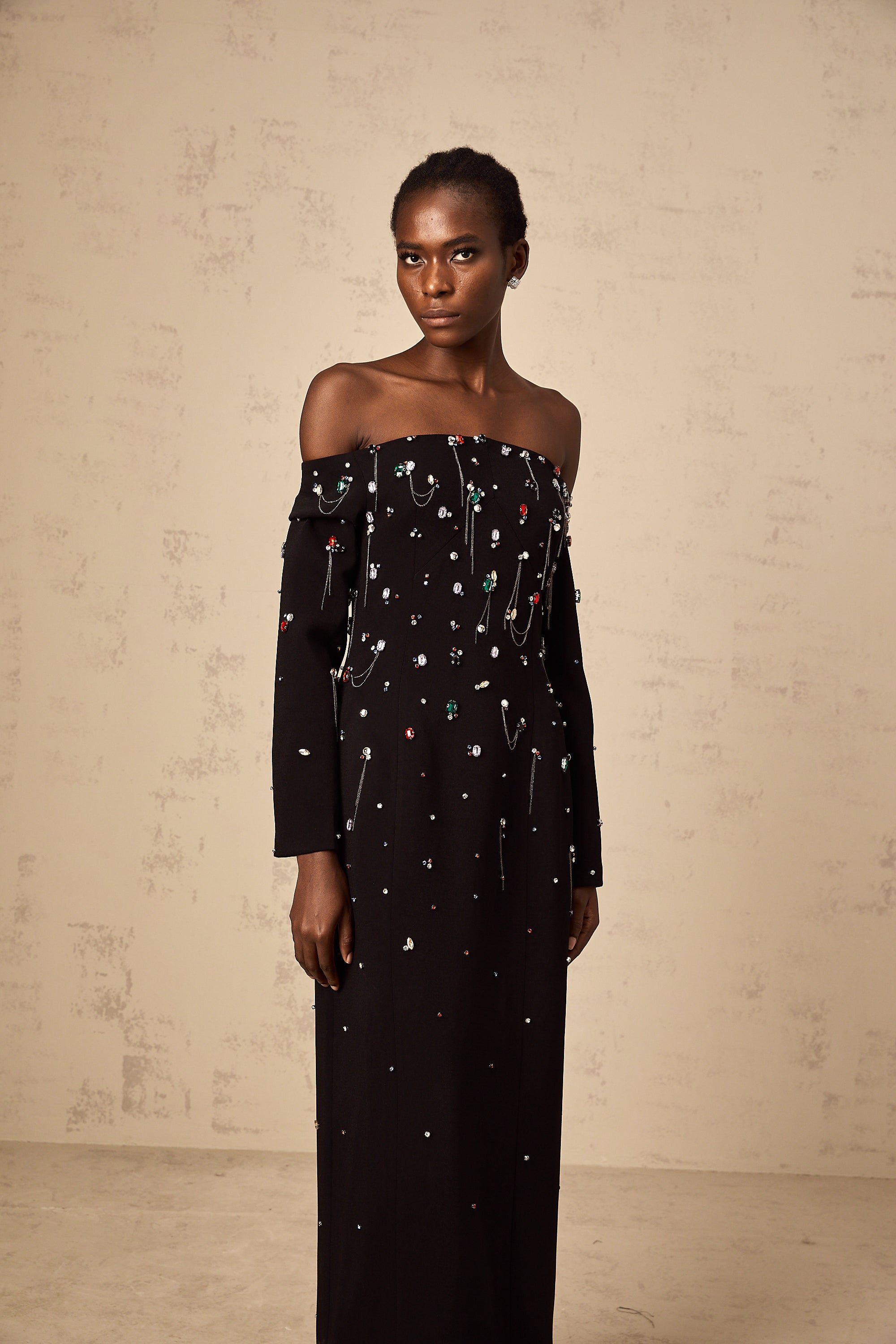 Gabrielle black crystal off-shoulder maxi dress (Final Sale-US Only)
