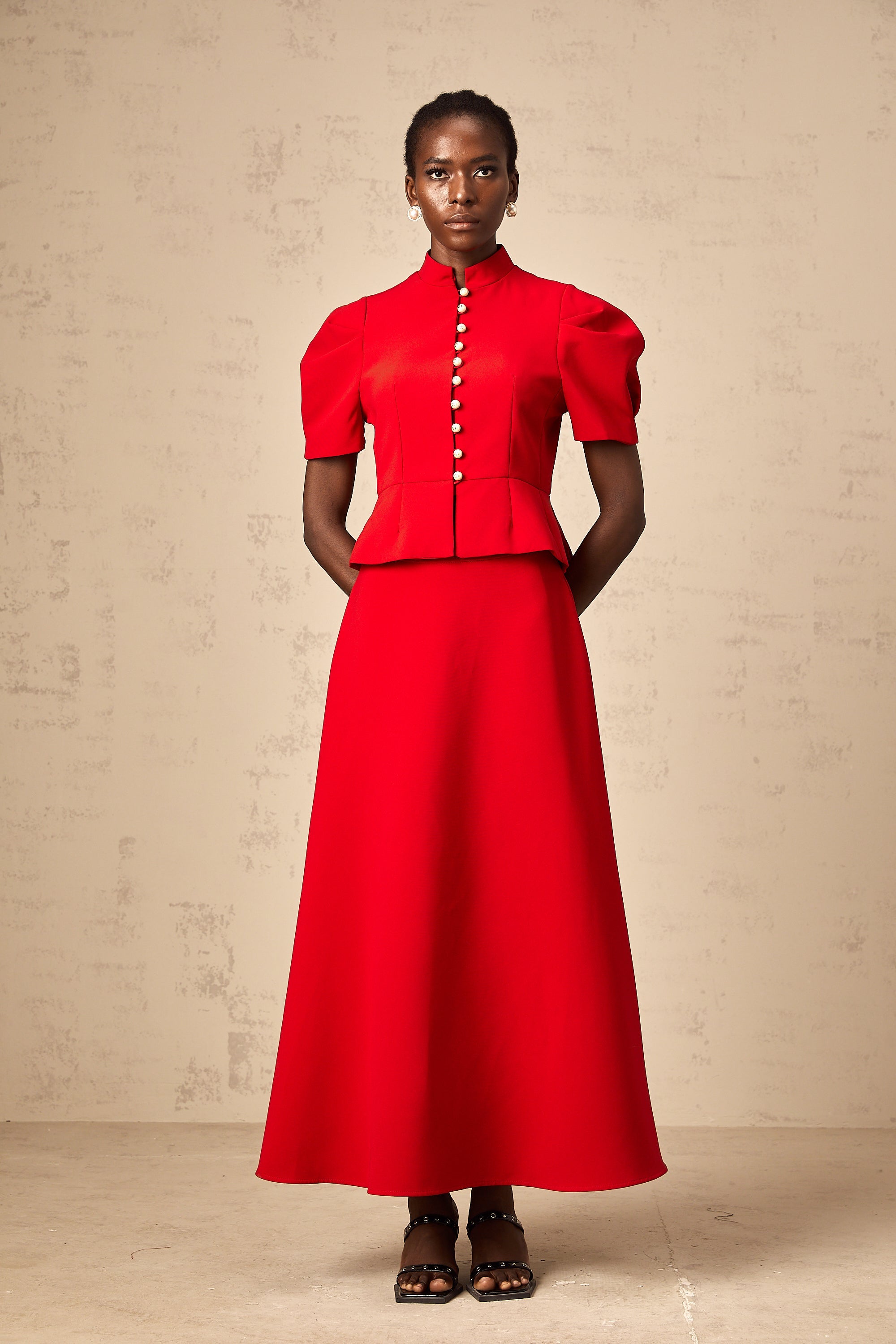 Colette red pleated blouse & skirt matching set (Final Sale-US Only)