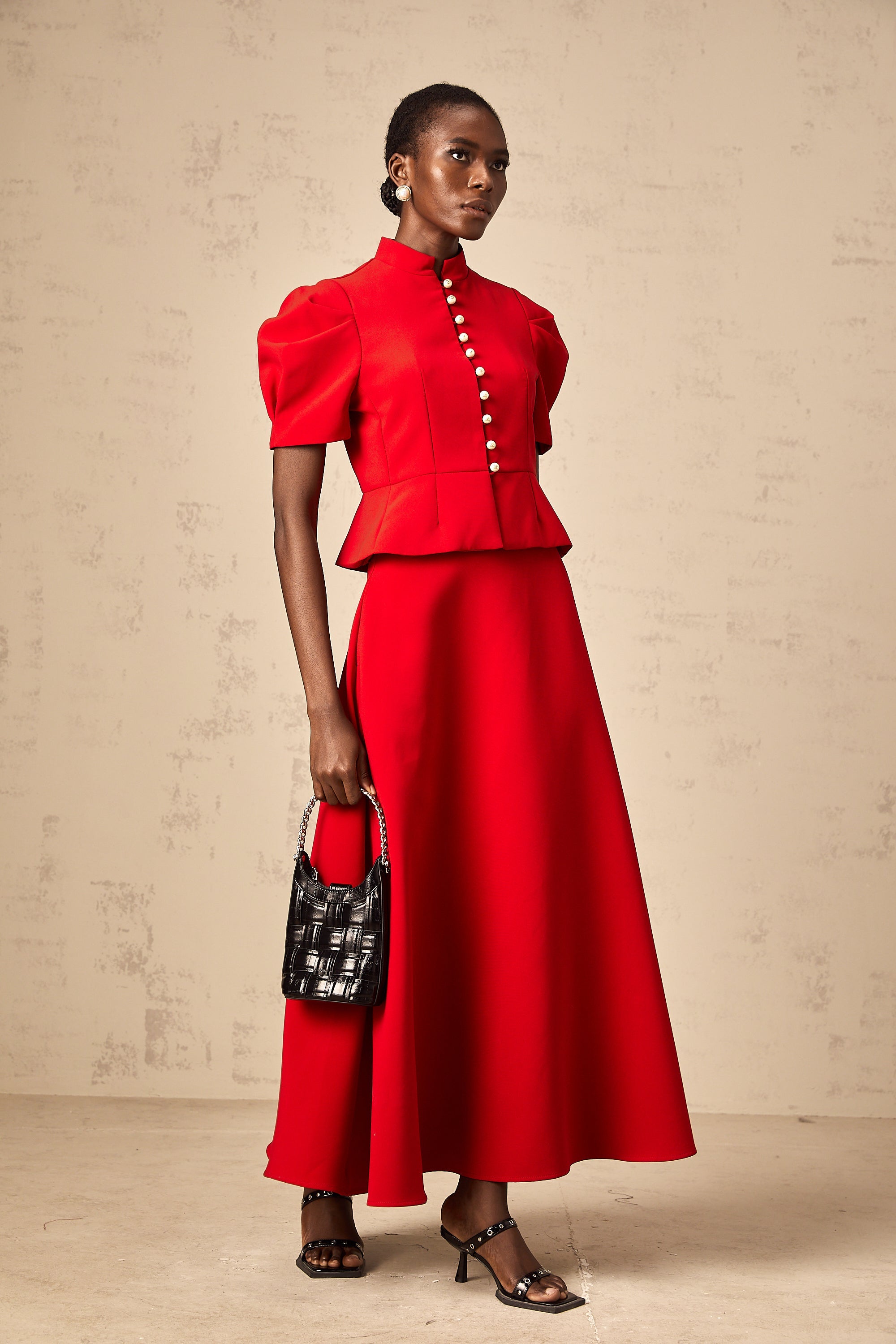 Colette red pleated blouse & skirt matching set (Final Sale-US Only)