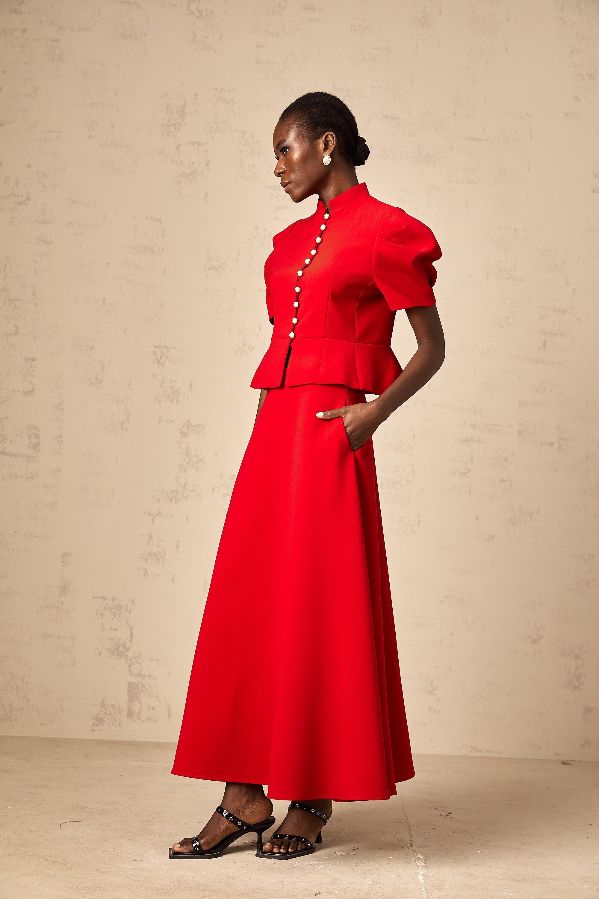 Colette red pleated blouse & skirt matching set (Final Sale-US Only)