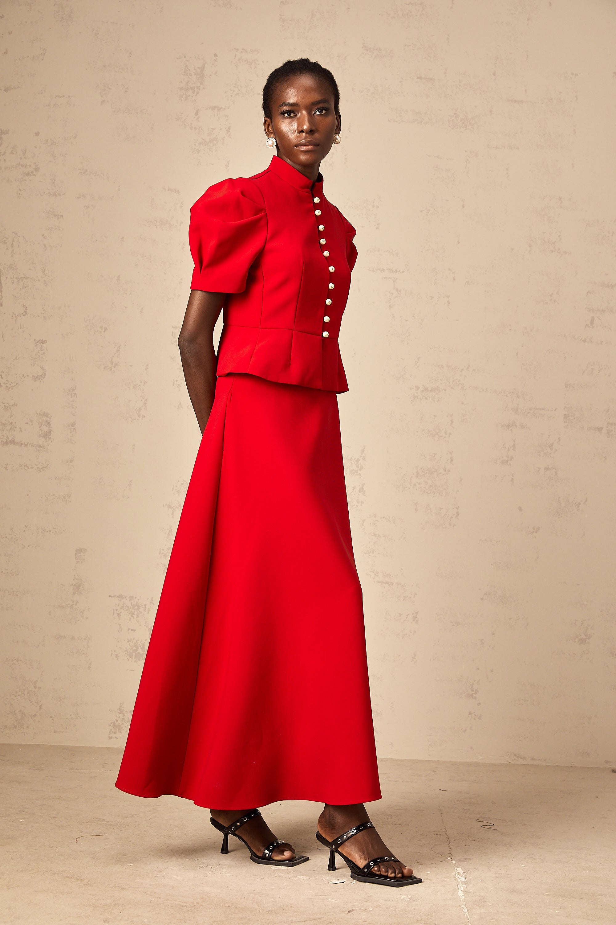 Colette red pleated blouse & skirt matching set (Final Sale-US Only)