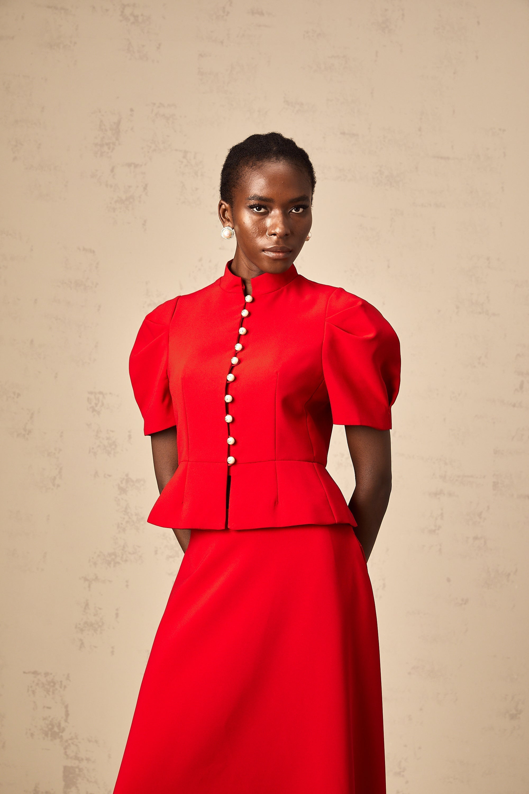 Colette red pleated blouse & skirt matching set (Final Sale-US Only)