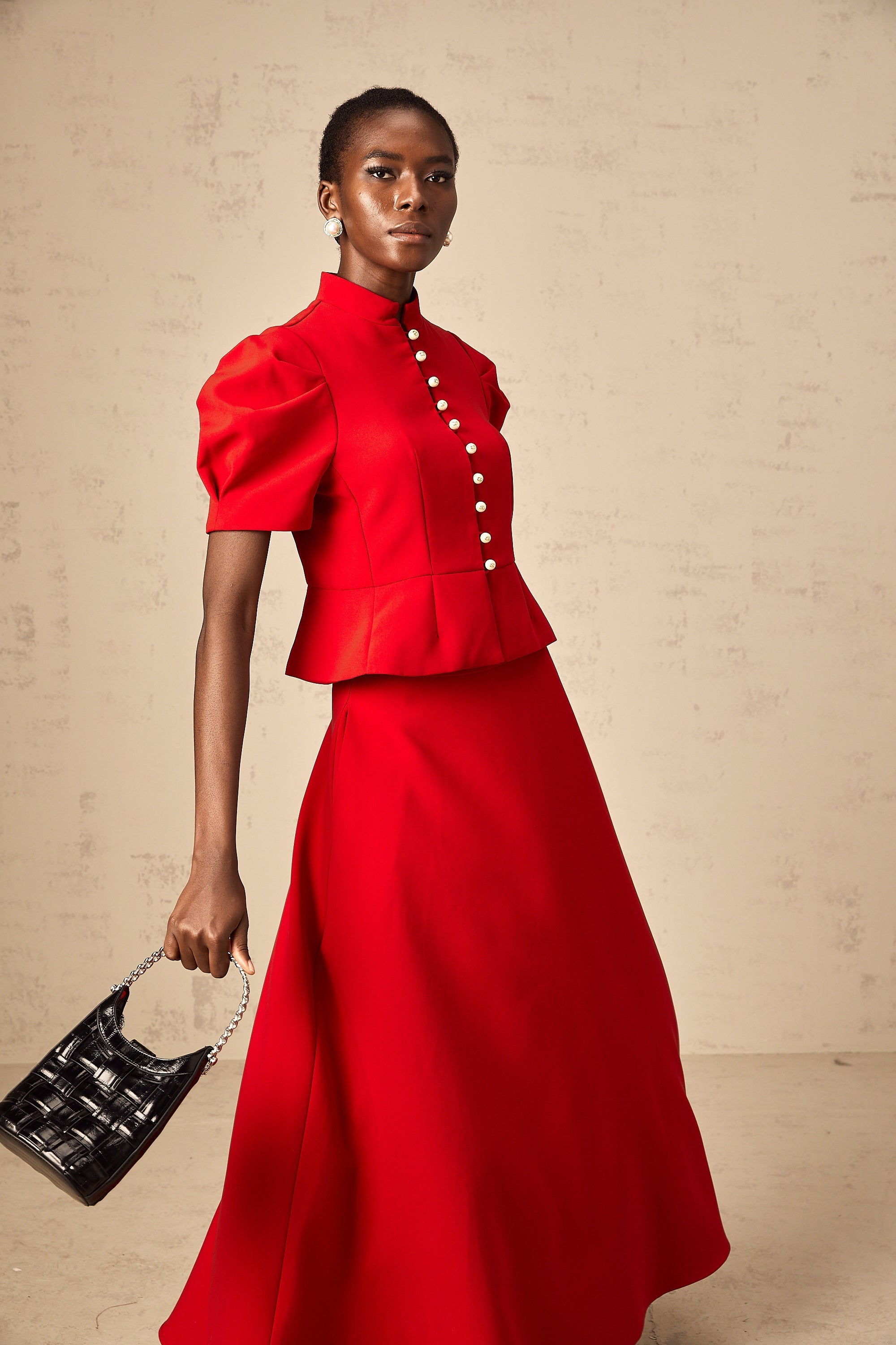 Colette red pleated blouse & skirt matching set (Final Sale-US Only)