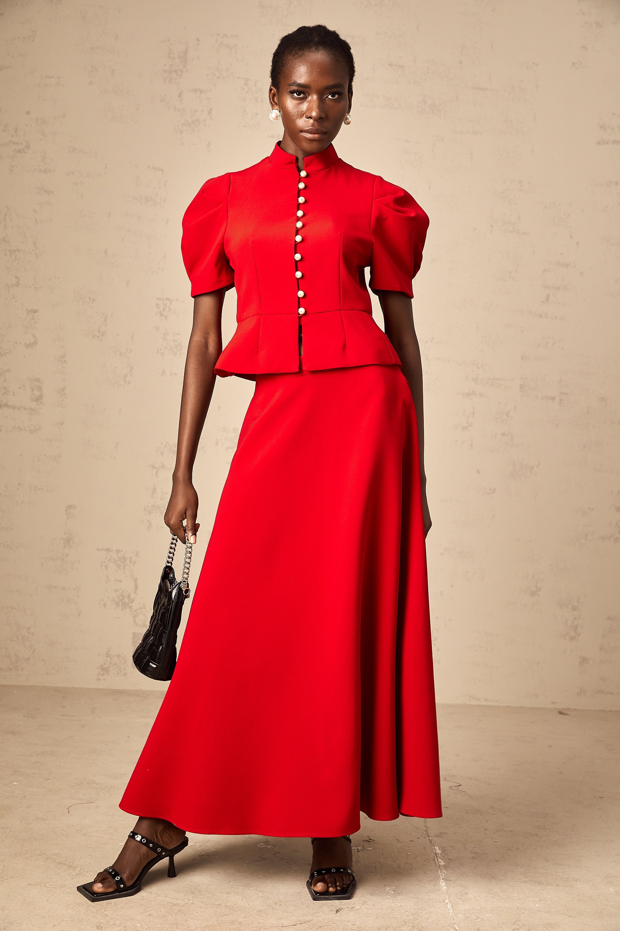 Colette red pleated blouse & skirt matching set (Final Sale-US Only)