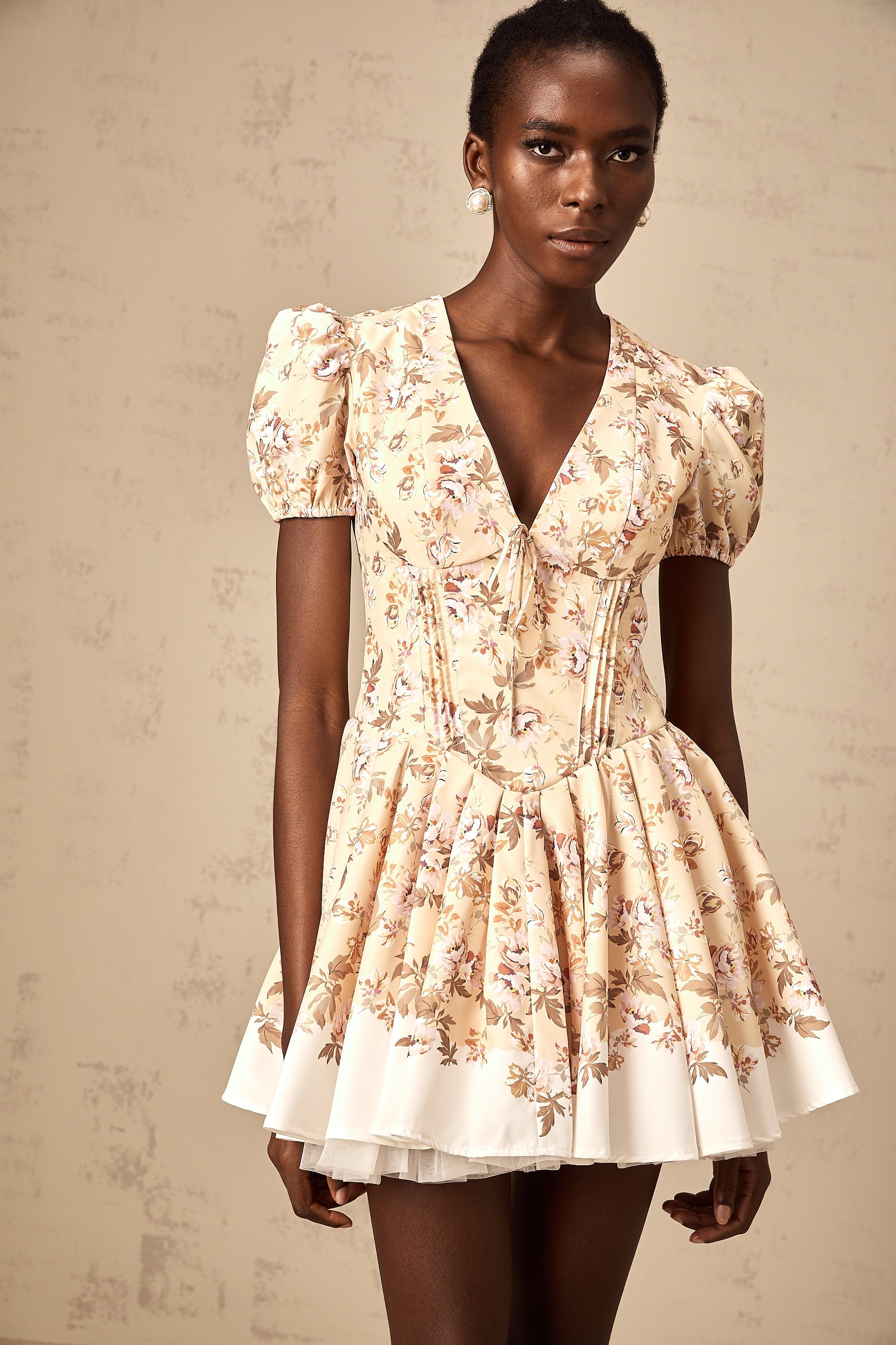 Alizée yellow floral-print pleated mini dress (Final Sale)