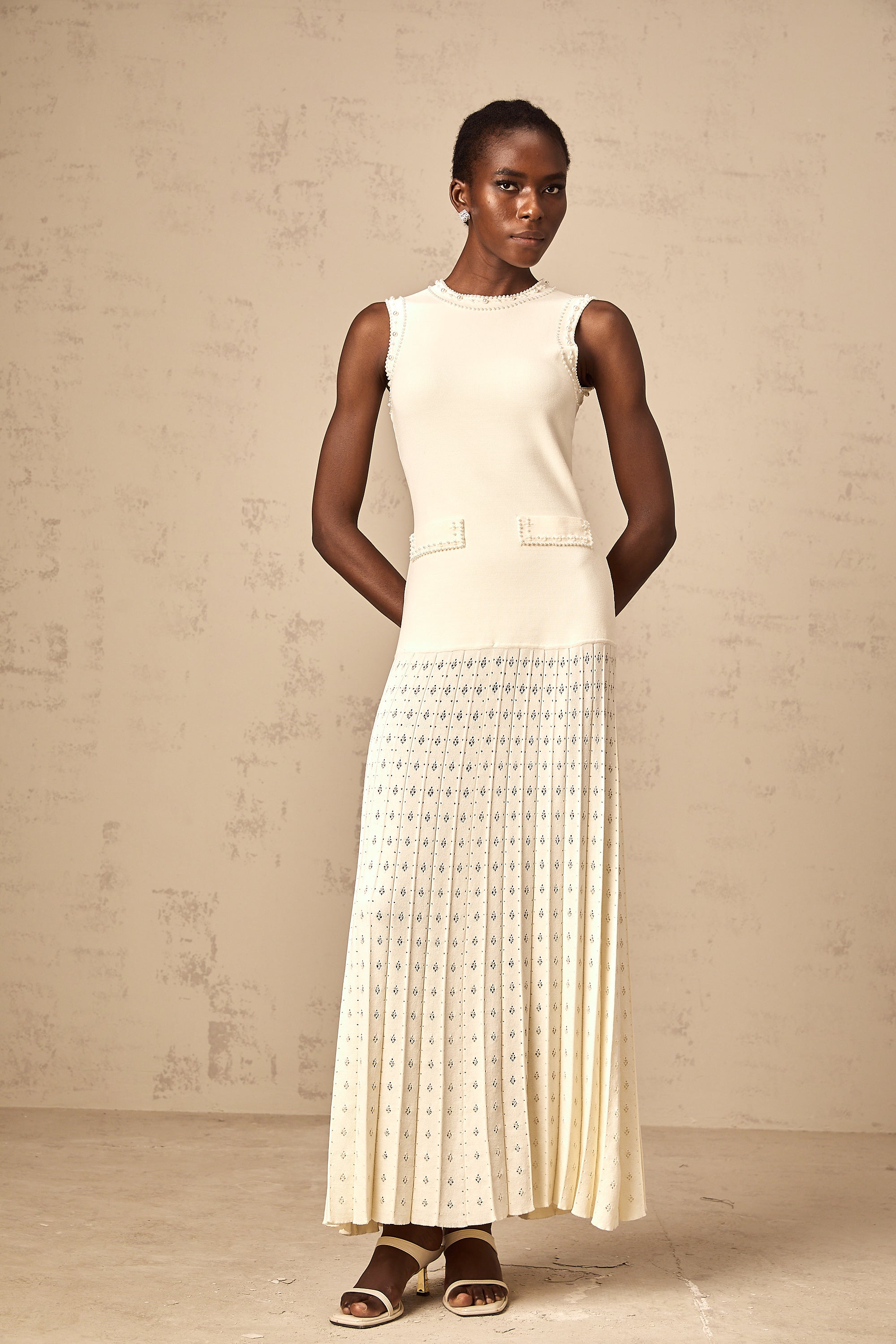Donatienne white faux-pearl knitted maxi dress (Final Sale)