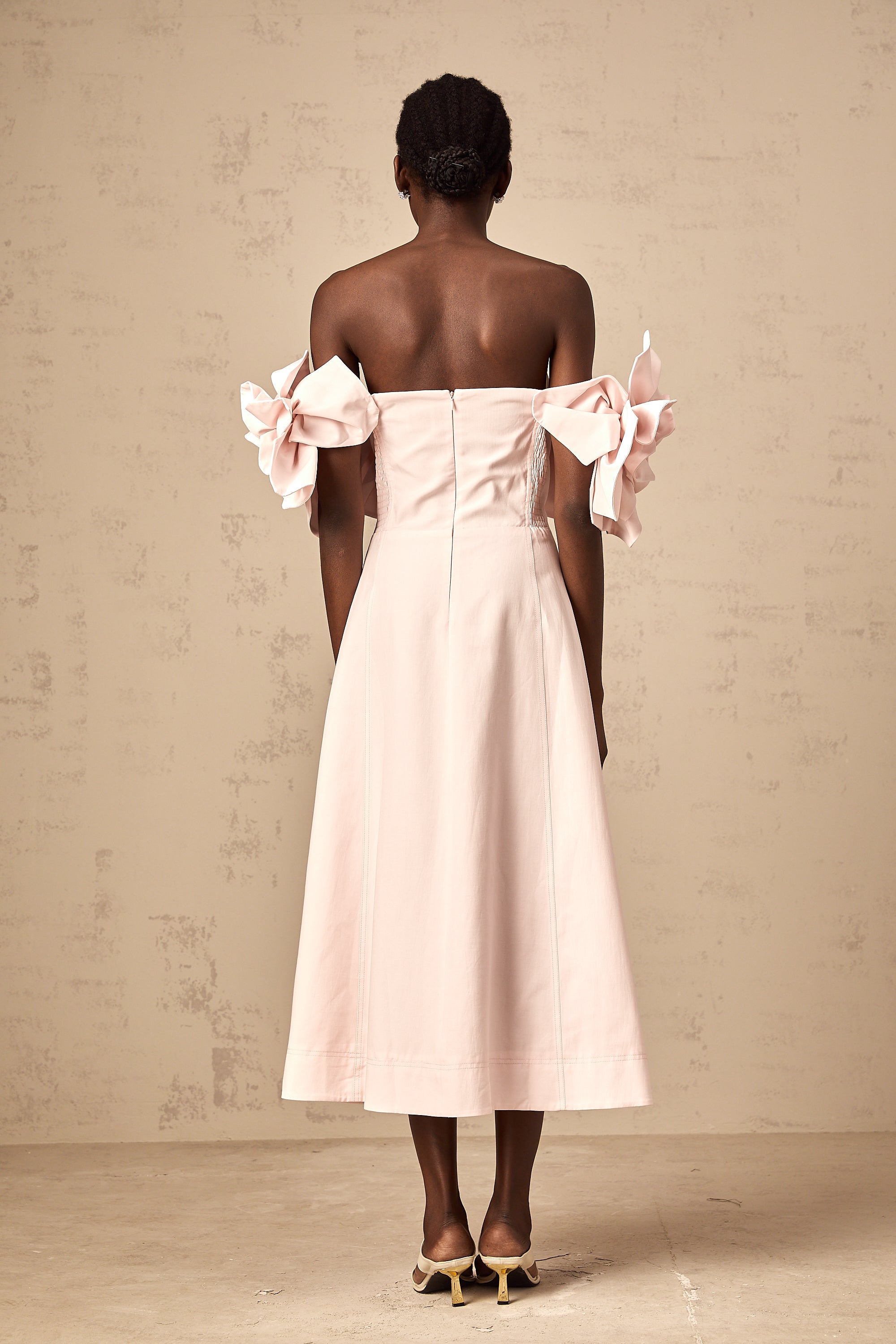 Juliette pink off-shoulder 3D-petal midi dress (Final Sale)