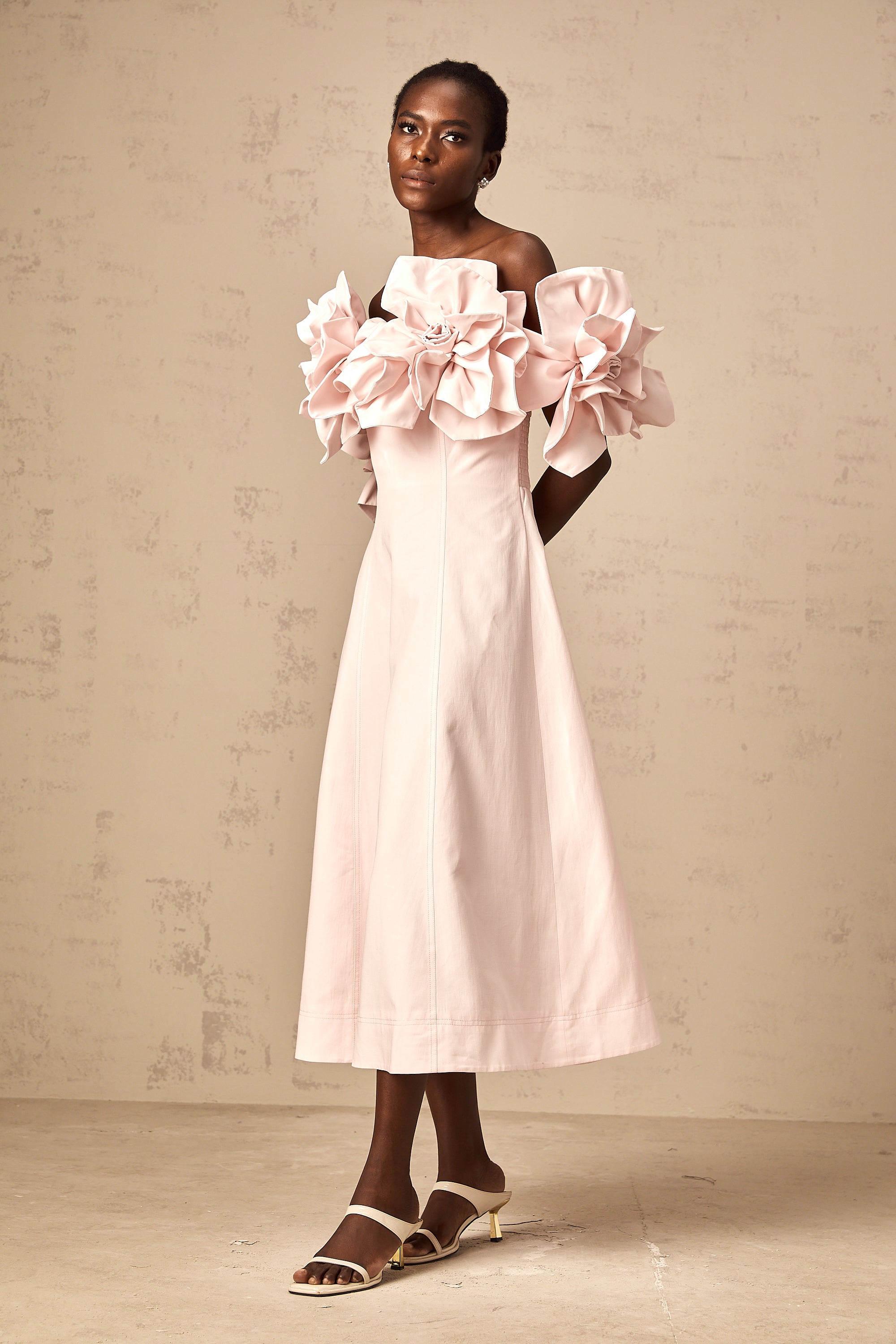 Juliette pink off-shoulder 3D-petal midi dress
