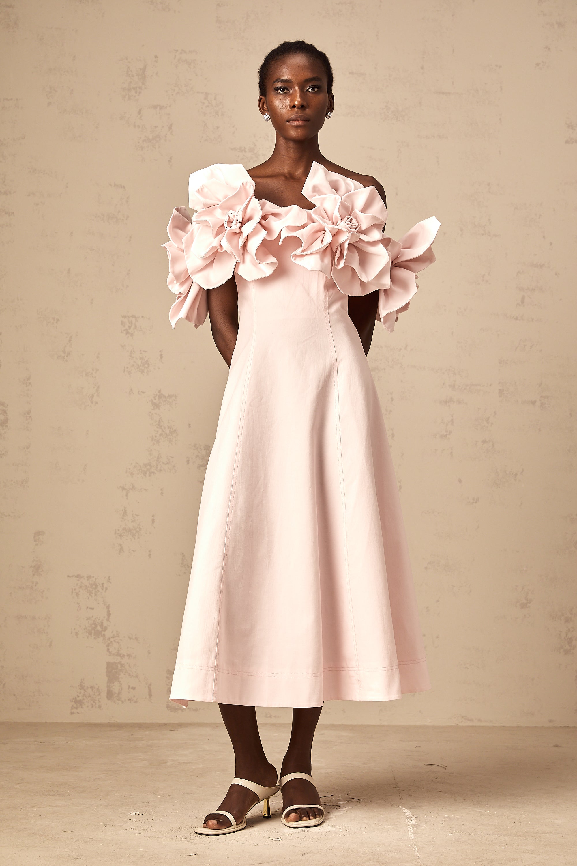 Juliette pink off-shoulder 3D-petal midi dress (Final Sale)