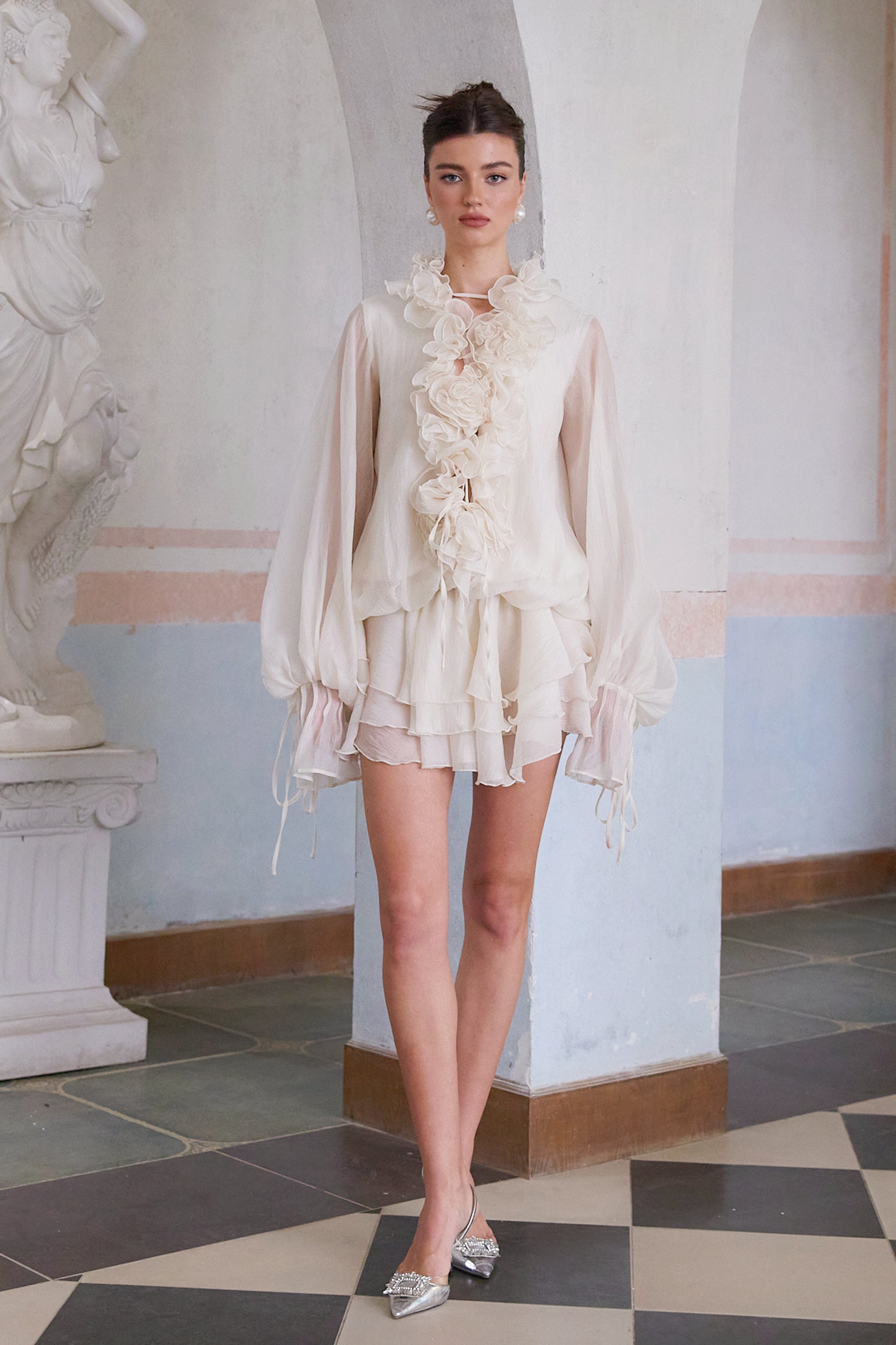 Zéphyrine Floral-Appliqué Tiered Mini Dress in Neutrals (Final Sale-US Only)