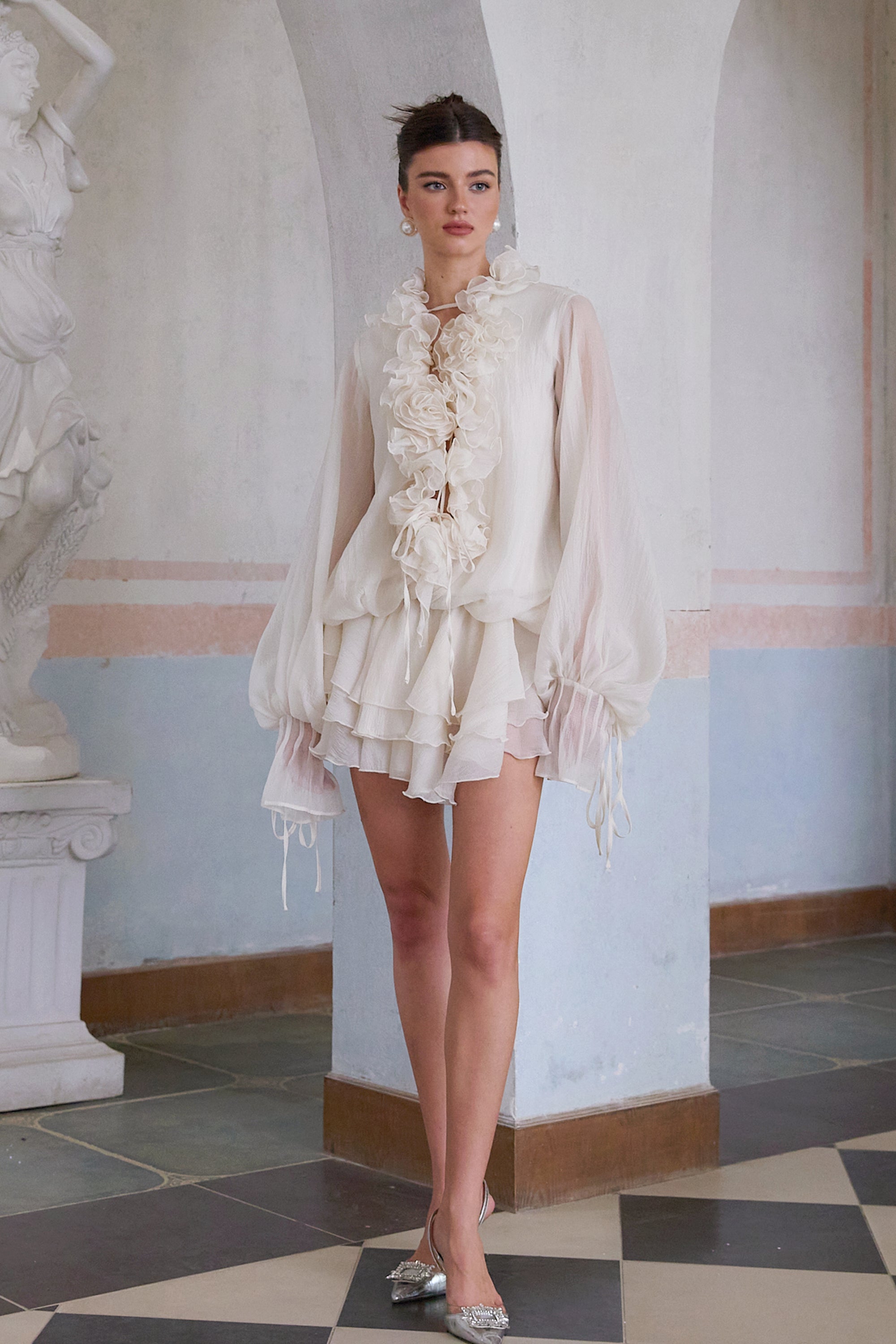 Zéphyrine Floral-Appliqué Tiered Mini Dress in Neutrals (Final Sale-US Only)