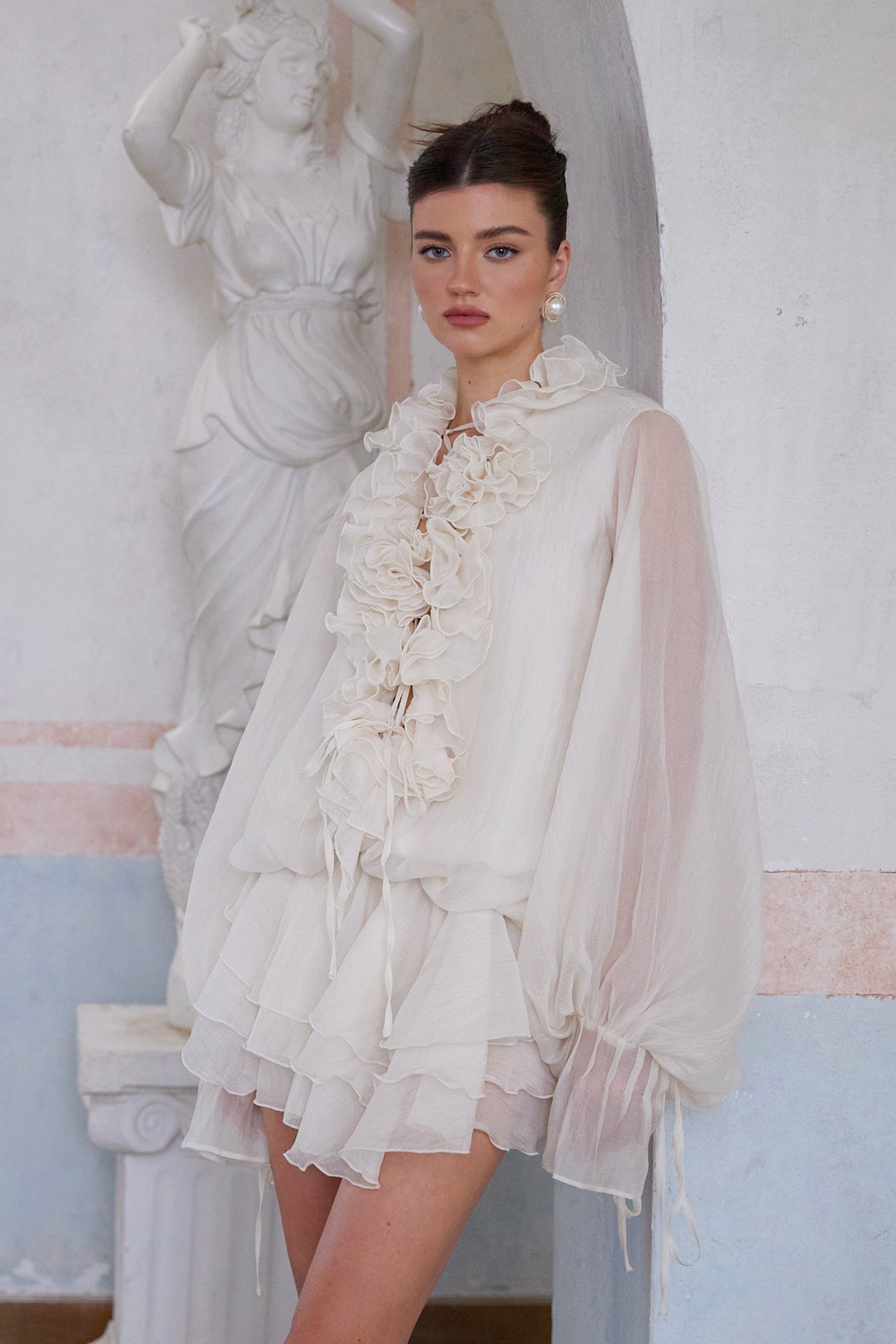 Zéphyrine Floral-Appliqué Tiered Mini Dress in Neutrals (Final Sale-US Only)