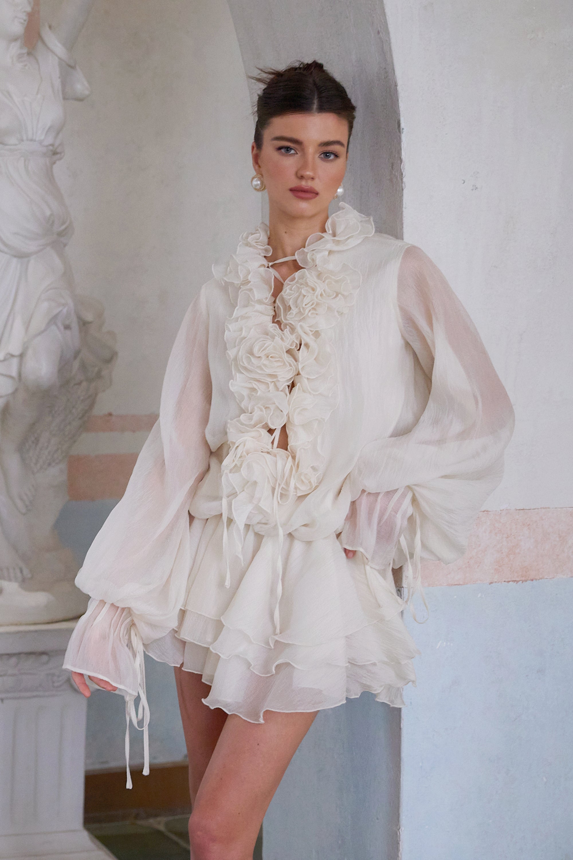 Zéphyrine Floral-Appliqué Tiered Mini Dress in Neutrals (Final Sale-US Only)