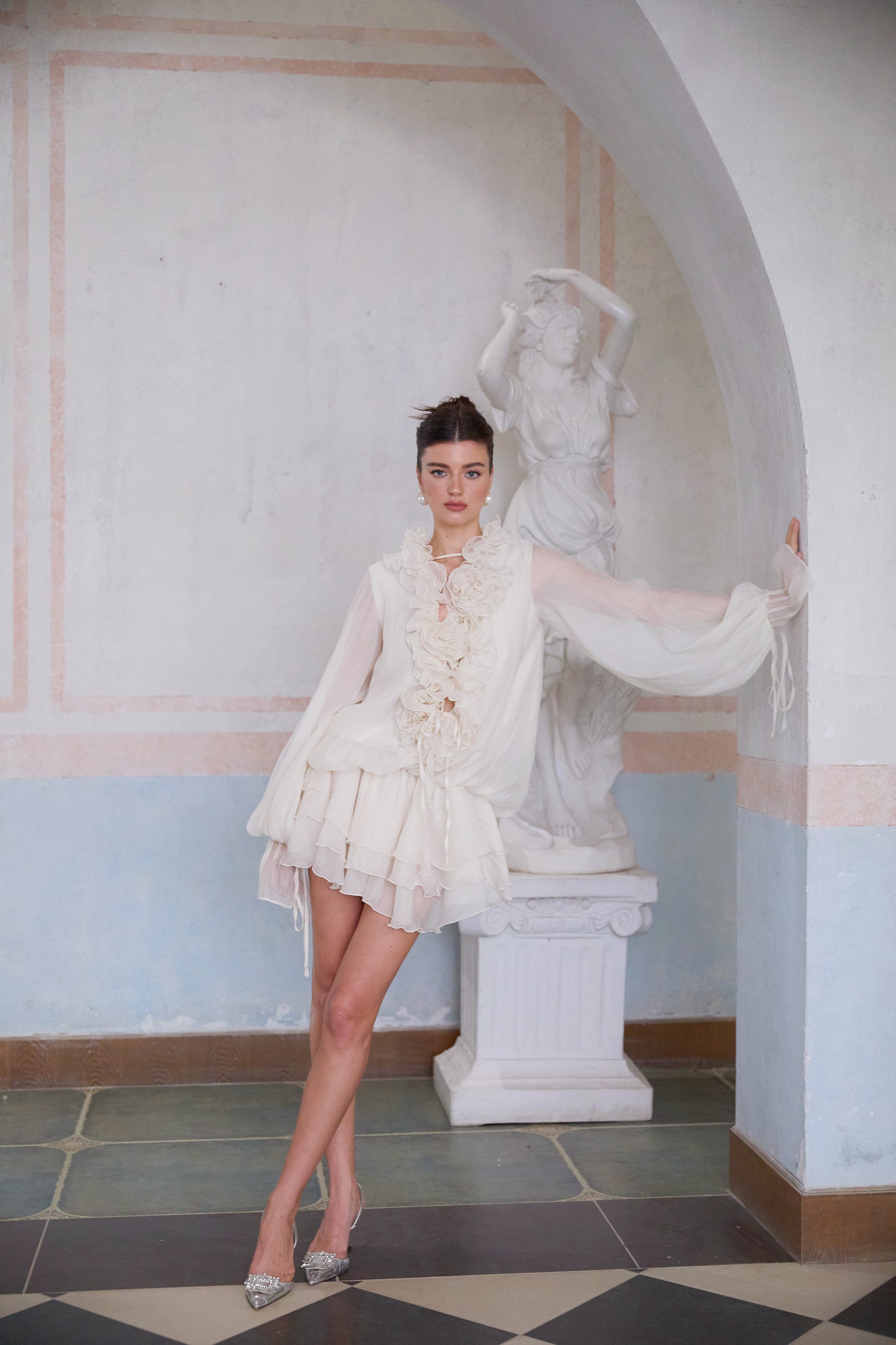 Zéphyrine Floral-Appliqué Tiered Mini Dress in Neutrals (Final Sale-US Only)