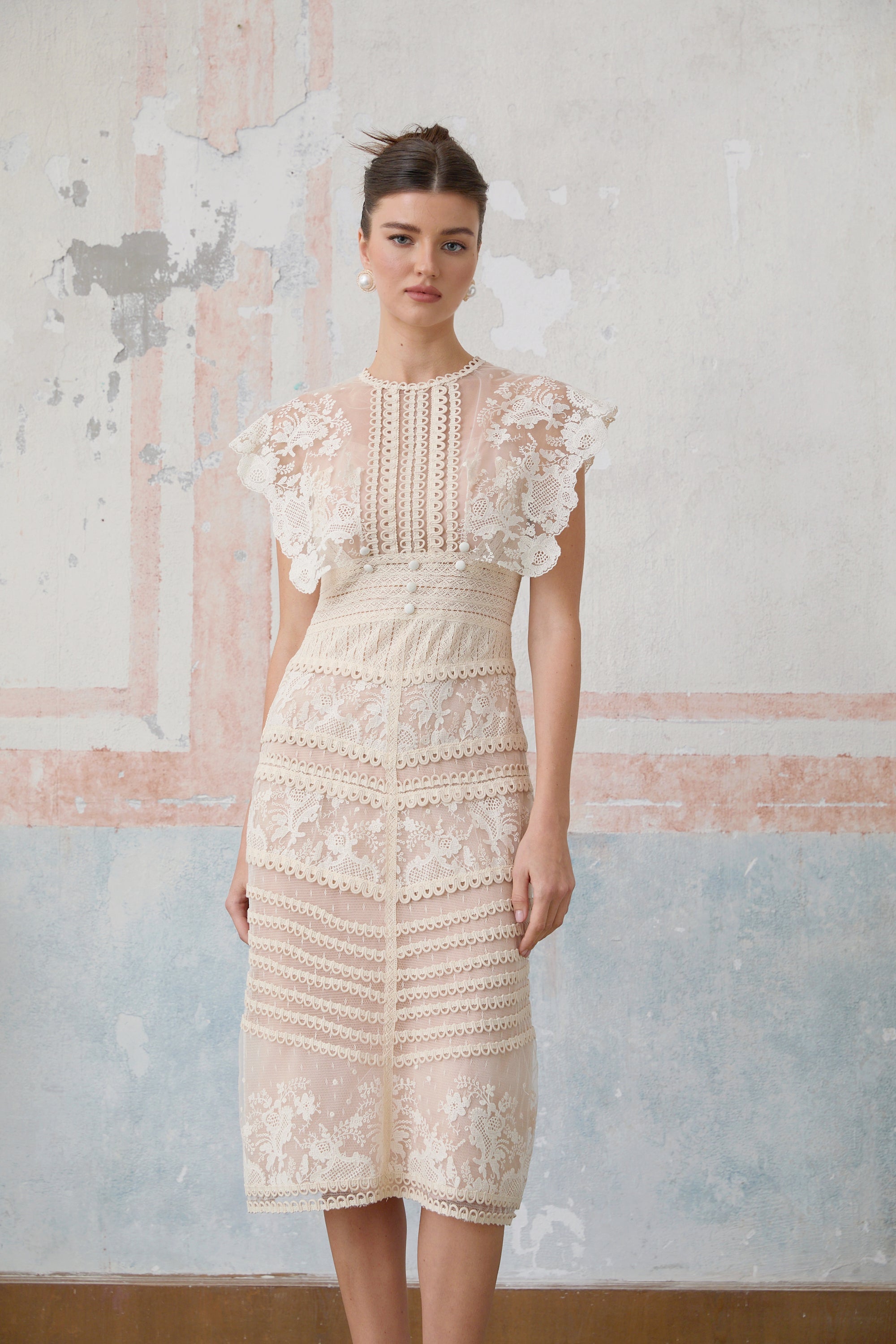 Fleur floral-embroidered lace midi dress in Neutrals