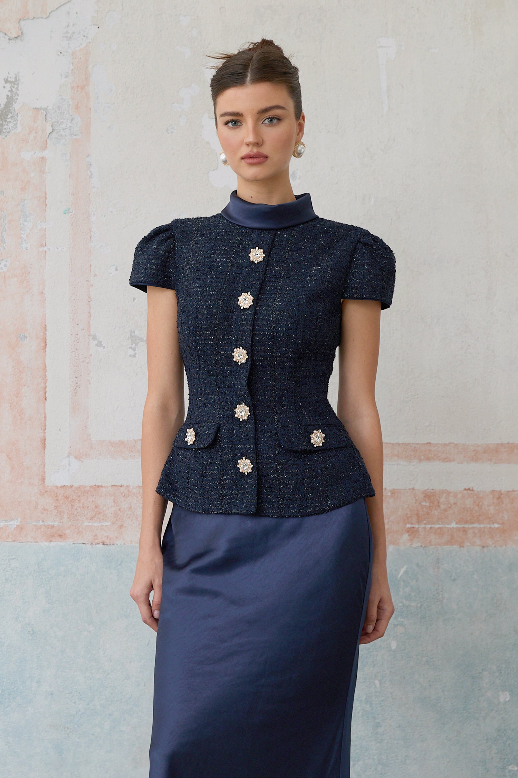 Josette Blue Peplum-Waist Paneled Maxi Dress