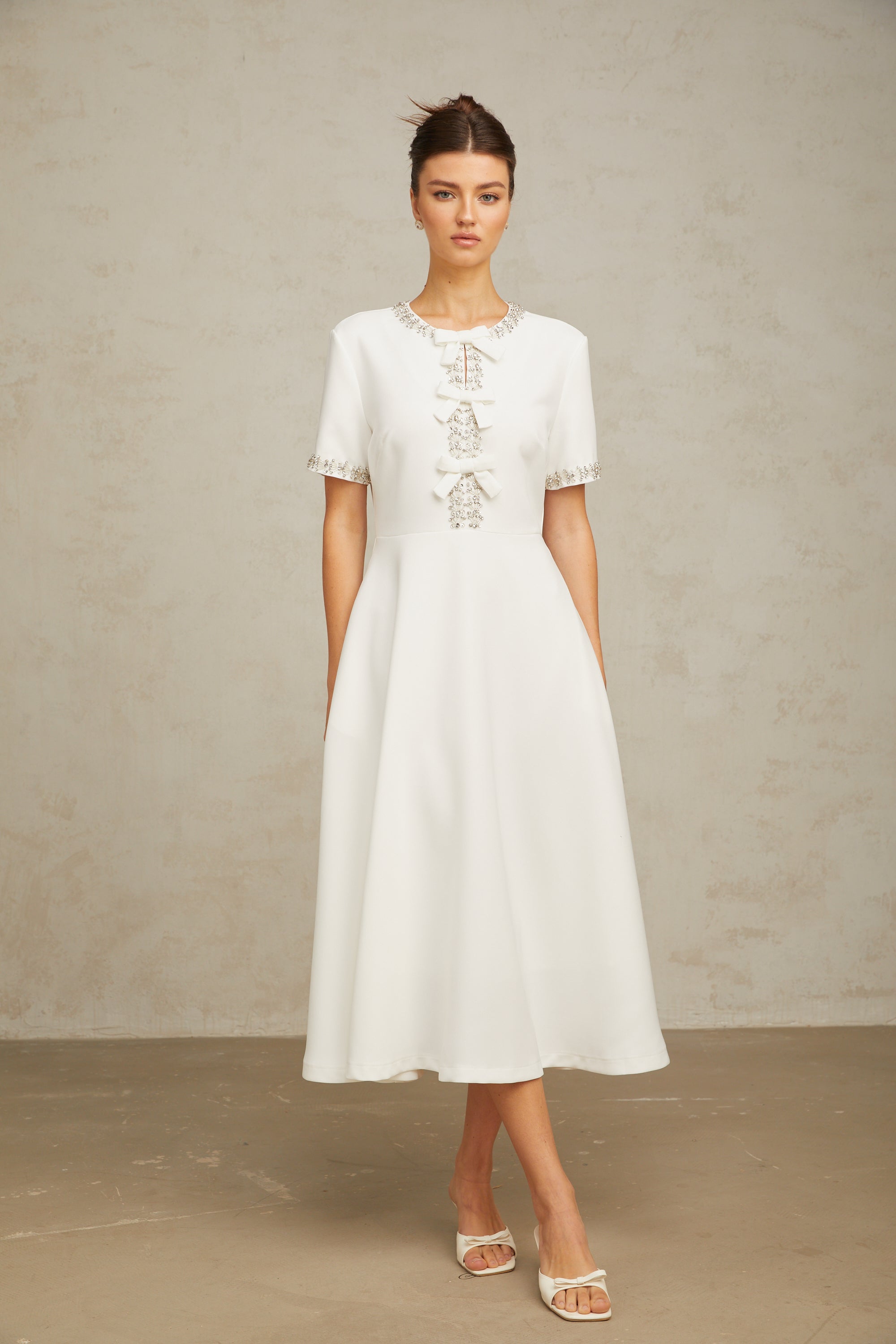 Cassiopeia crystal-accented bow midi dress in White (Final Sale)