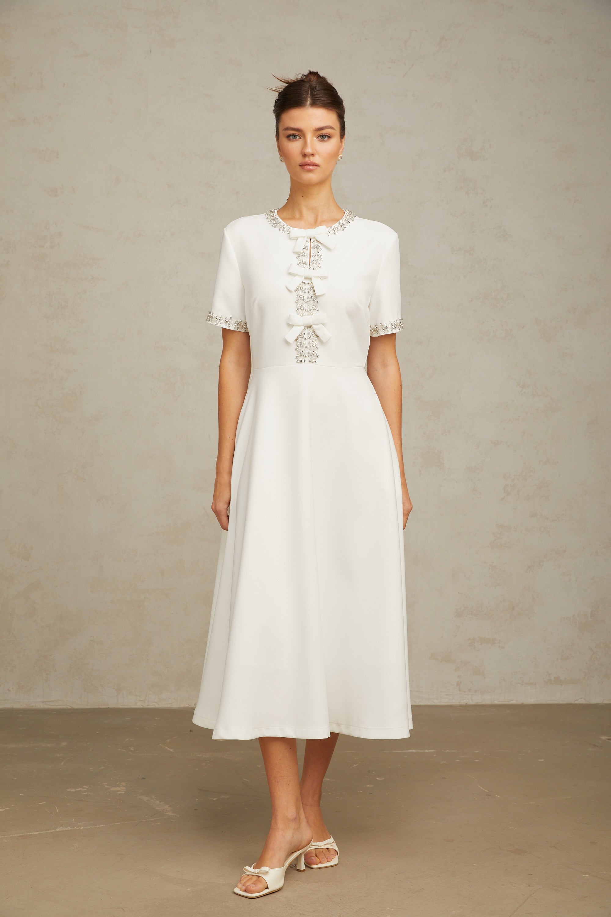 Cassiopeia crystal-accented bow midi dress in White (Final Sale)