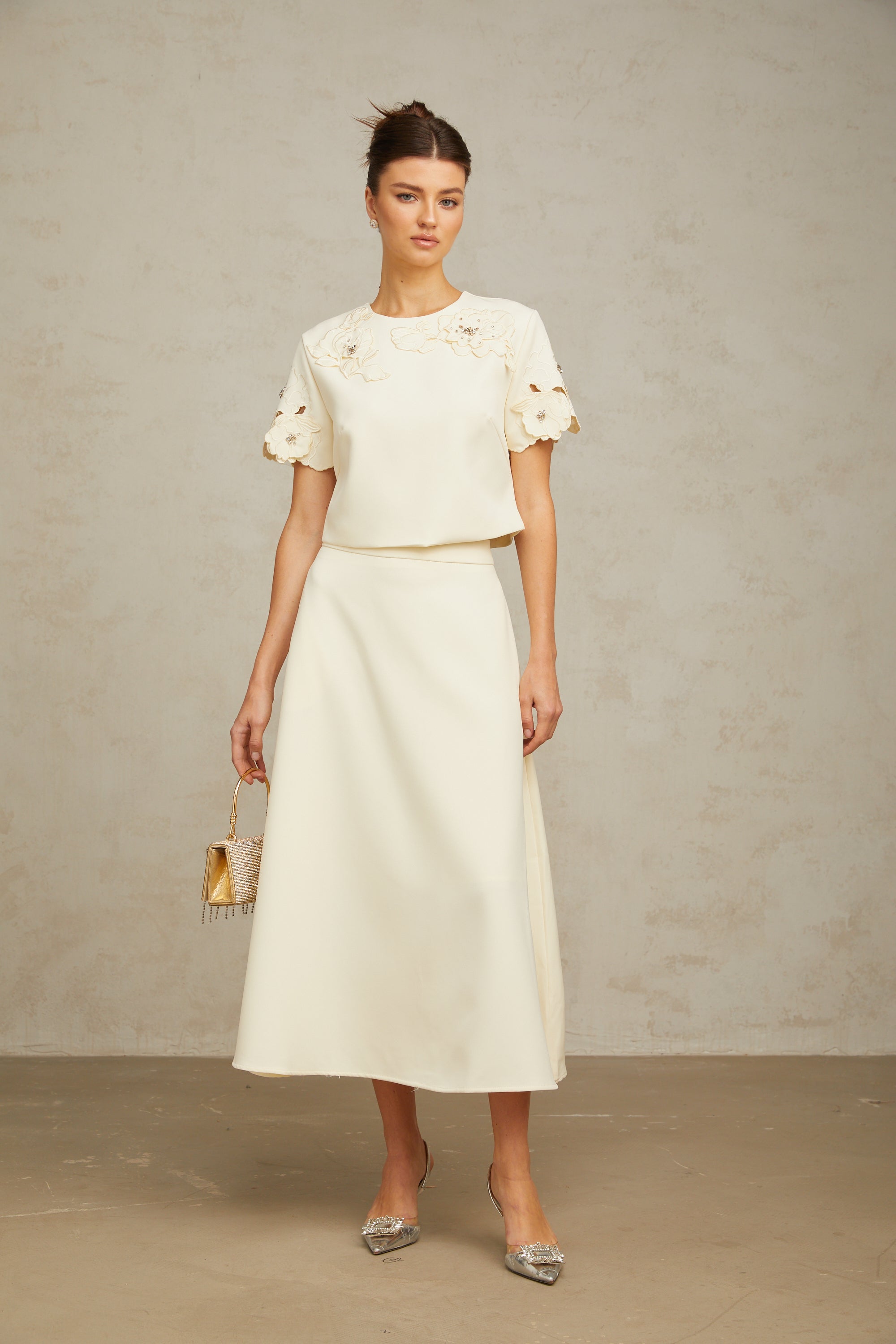 Coralie neutrals 3D-petal top & skirt matching set (Final Sale-US Only)