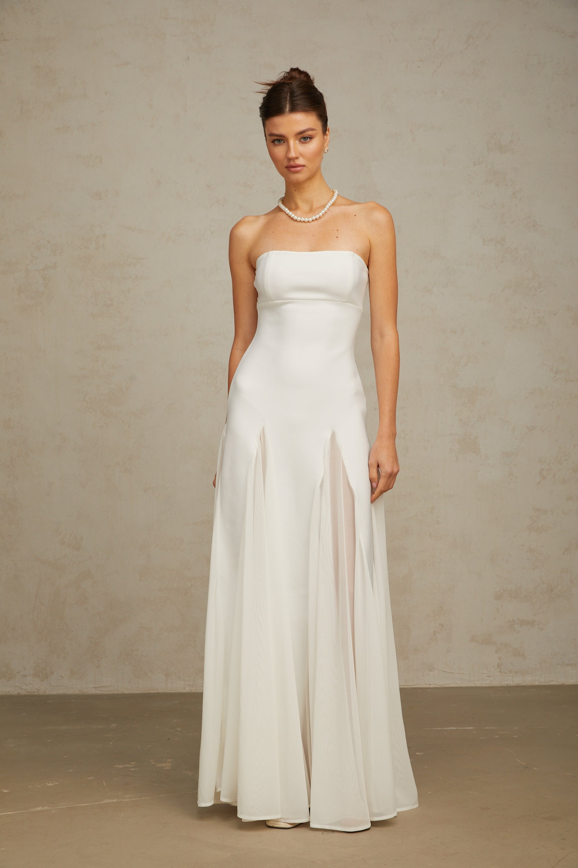 Nathalie white tulle-panelling maxi dress