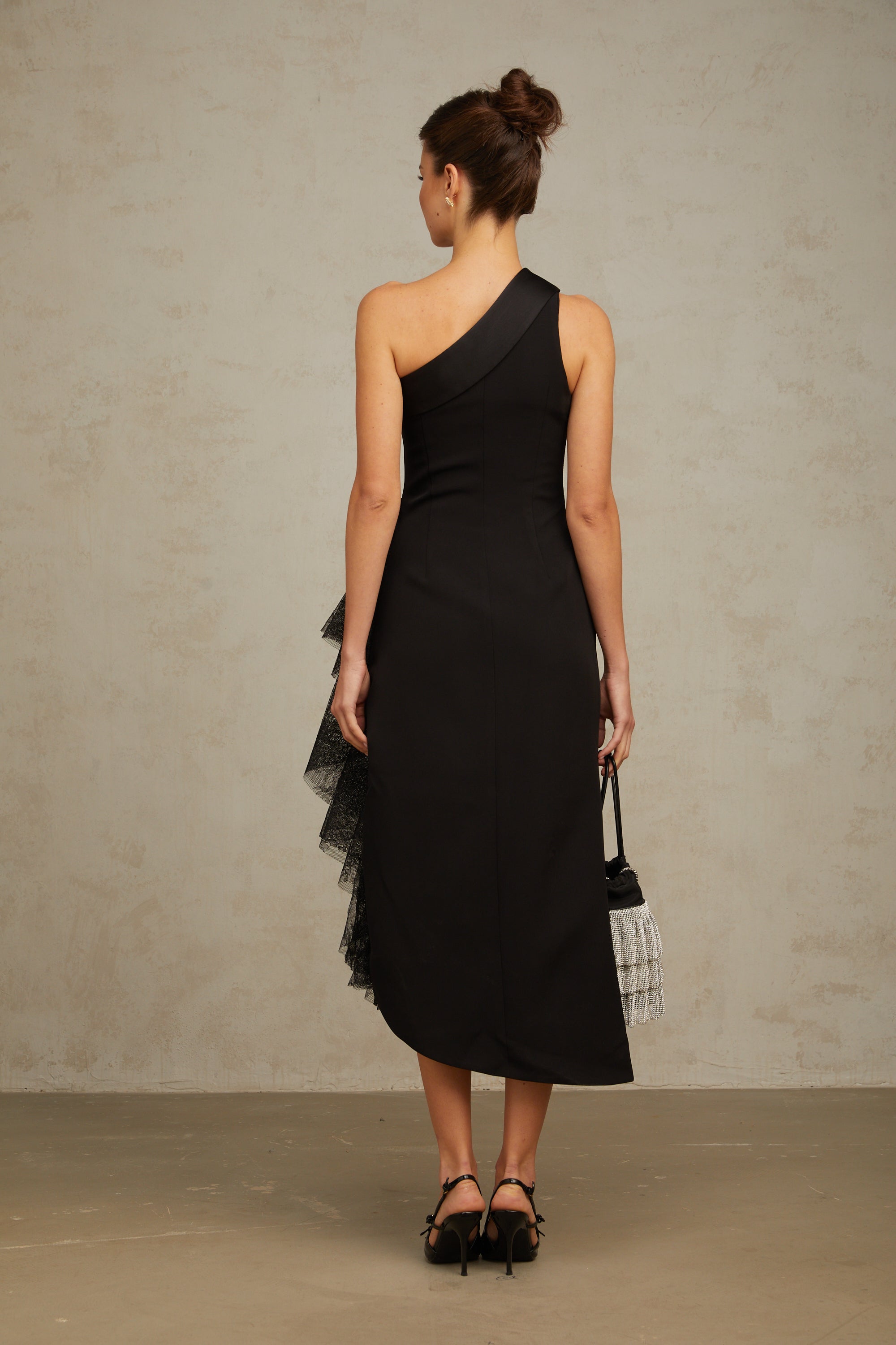 Bernadette Black Lace-Panel Asymmetrical Midi Dress