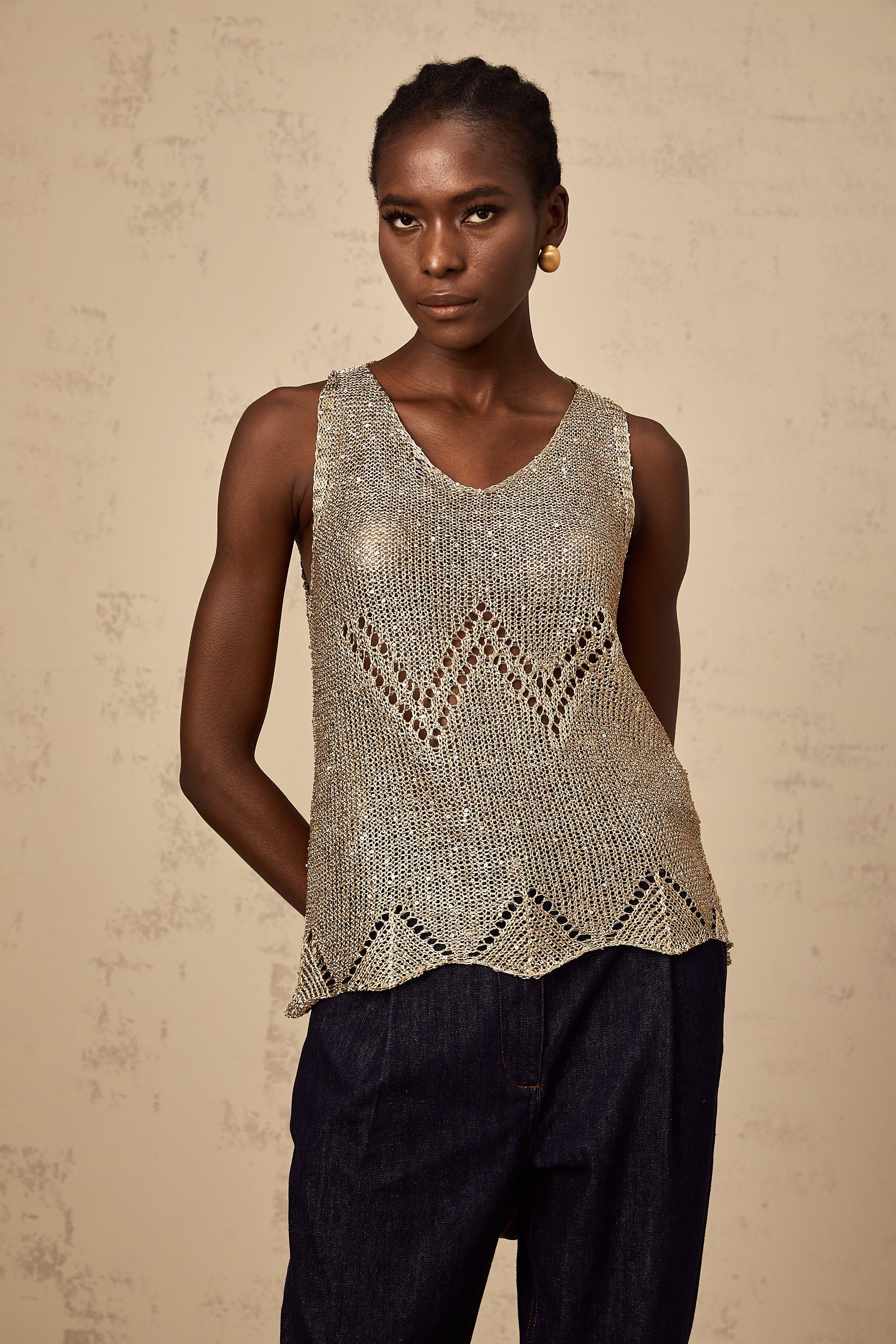 Débardeur en crochet à paillettes dorées Cyrine (Vente définitive - États-Unis uniquement)