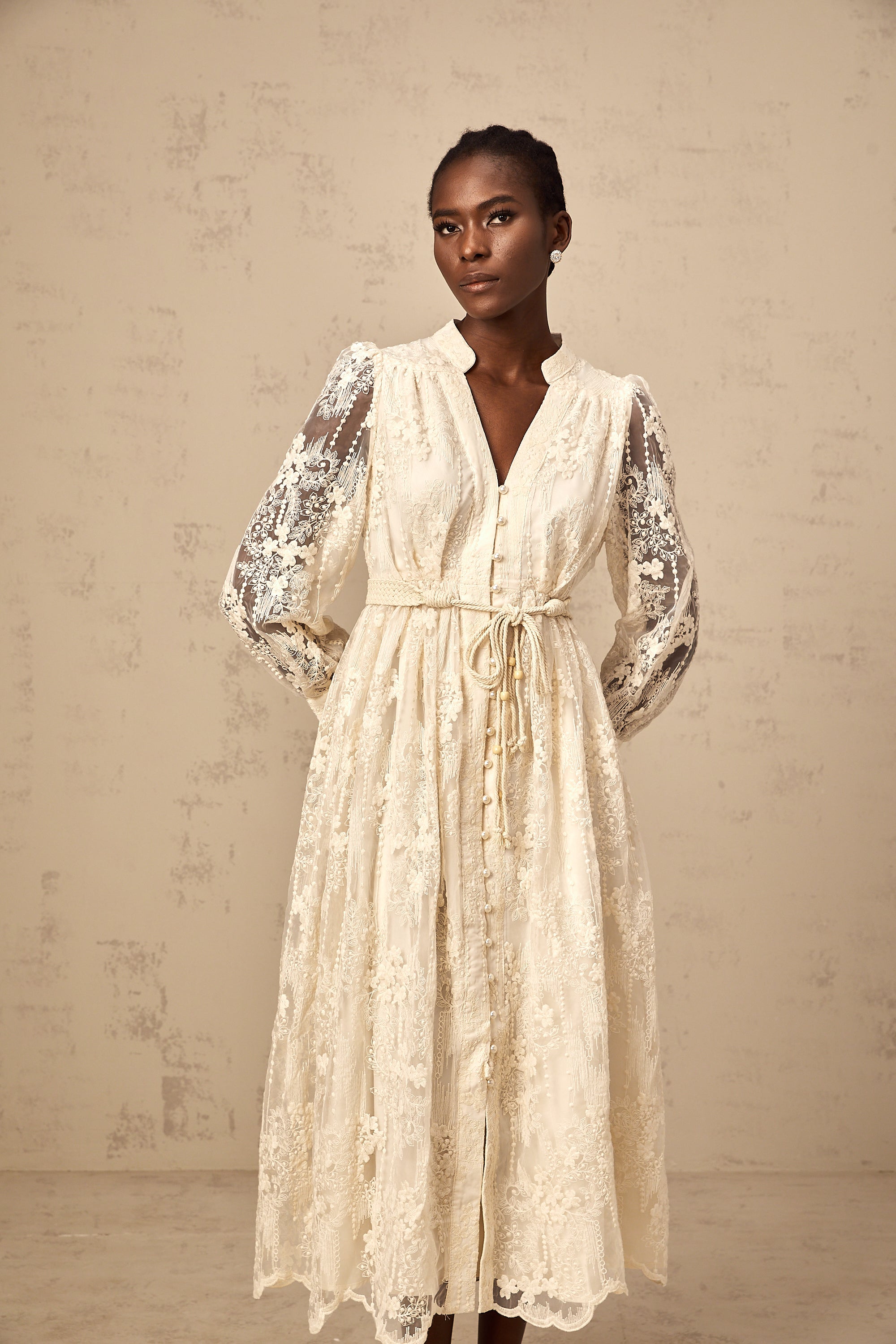 Roxane neutrals lace-embroidered midi dress (Final Sale-US Only)