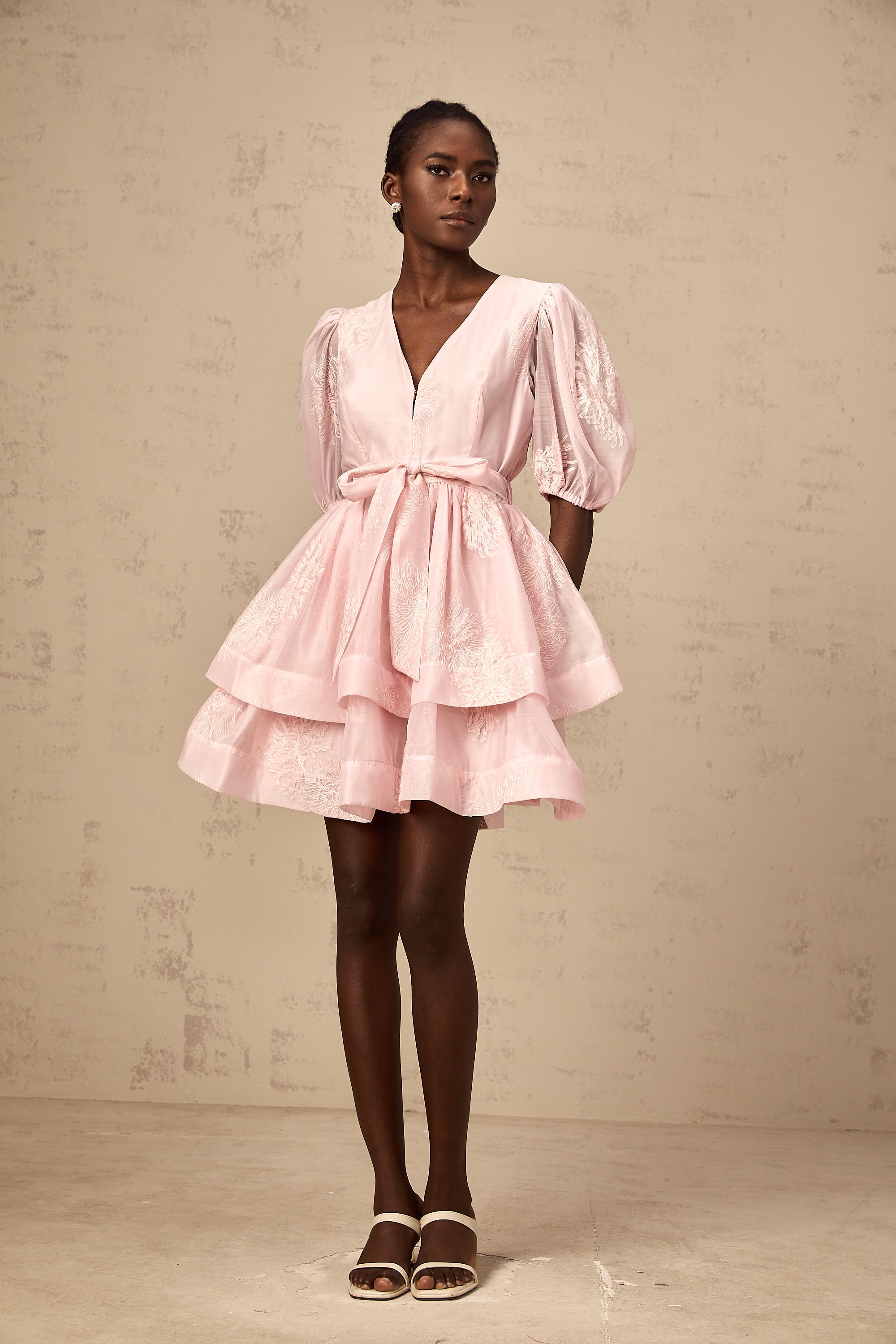 Florence pink floral-embroidered layered mini dress
