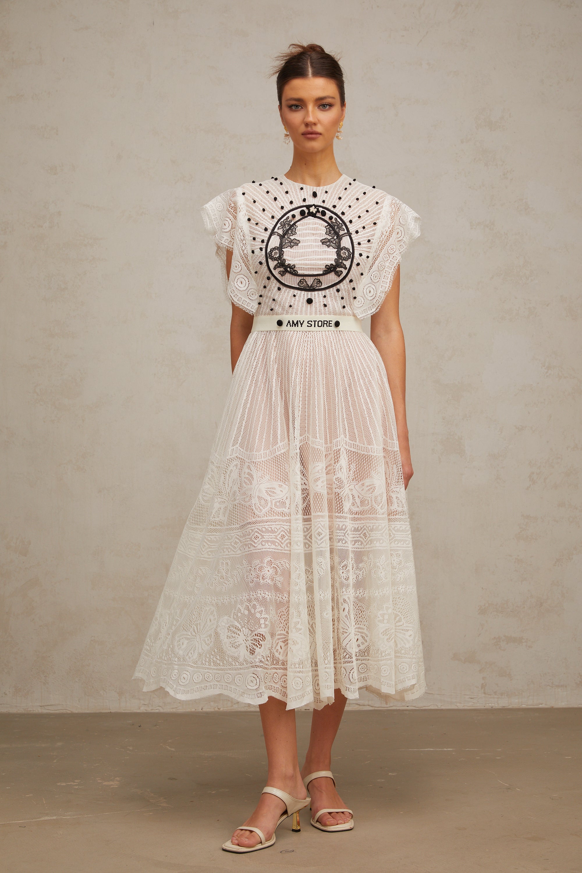 Phoebe White Jacquard Floral-lace Pleated Midi Dress