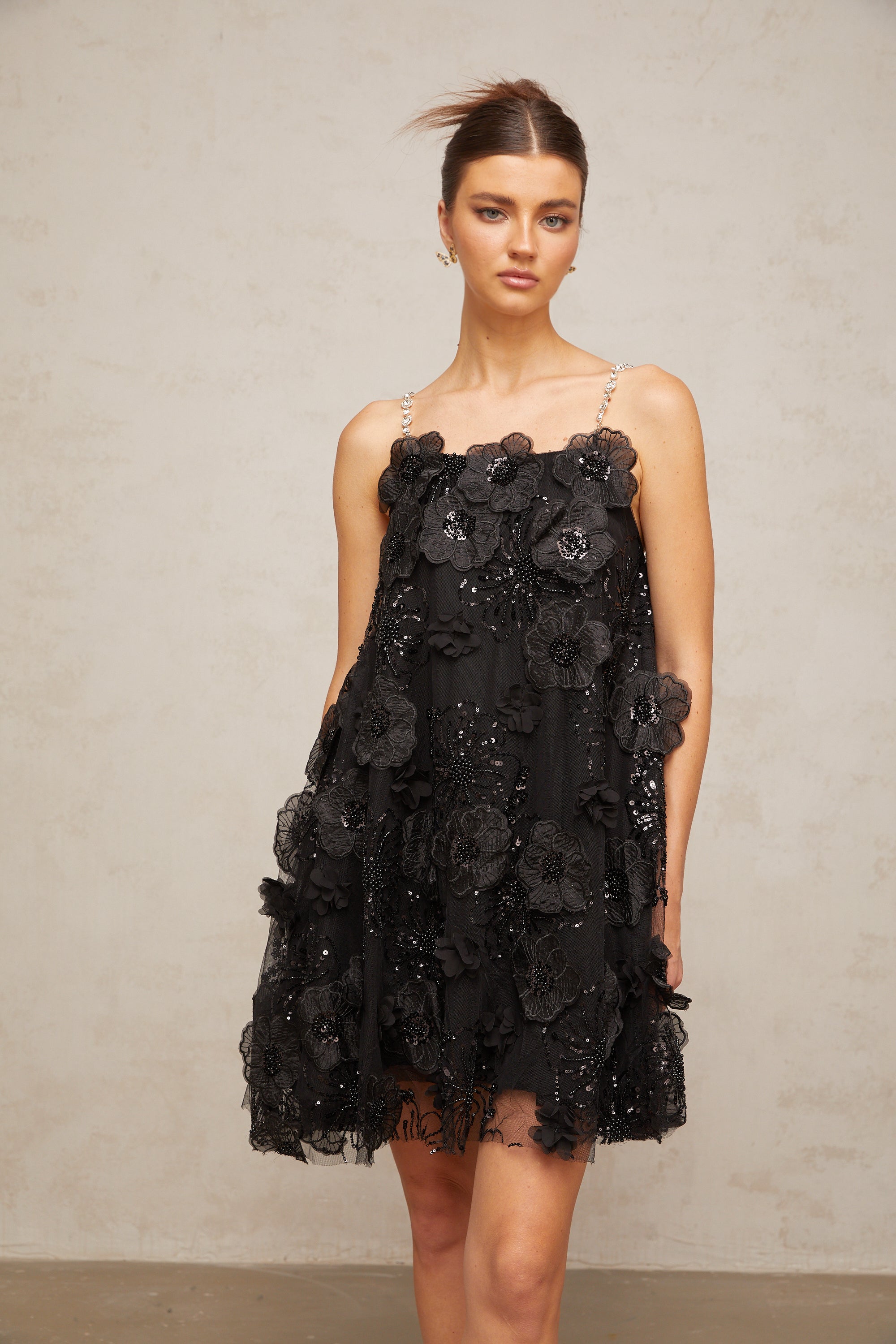 Suzette Crystal-Embellished Floral Mini Dress in Black