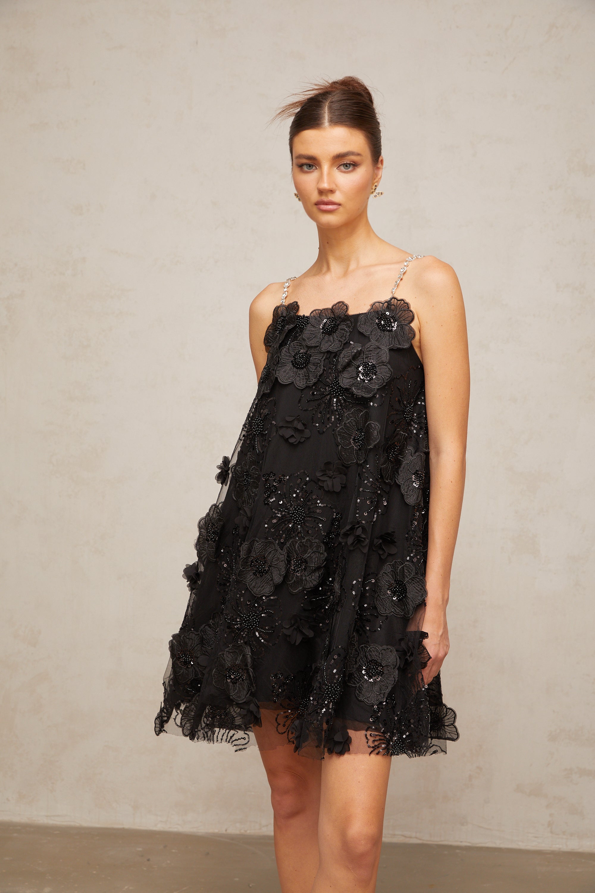 Suzette Crystal-Embellished Floral Mini Dress in Black