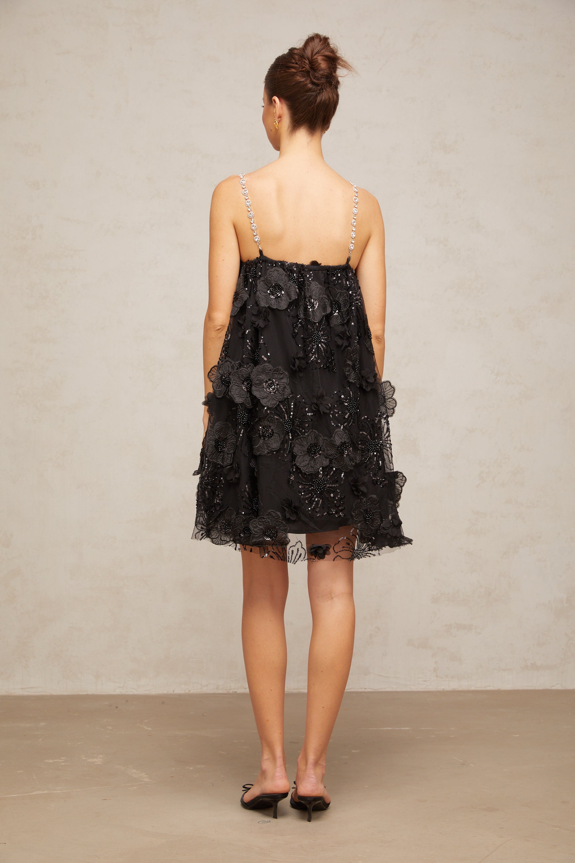 Suzette Crystal-Embellished Floral Mini Dress in Black
