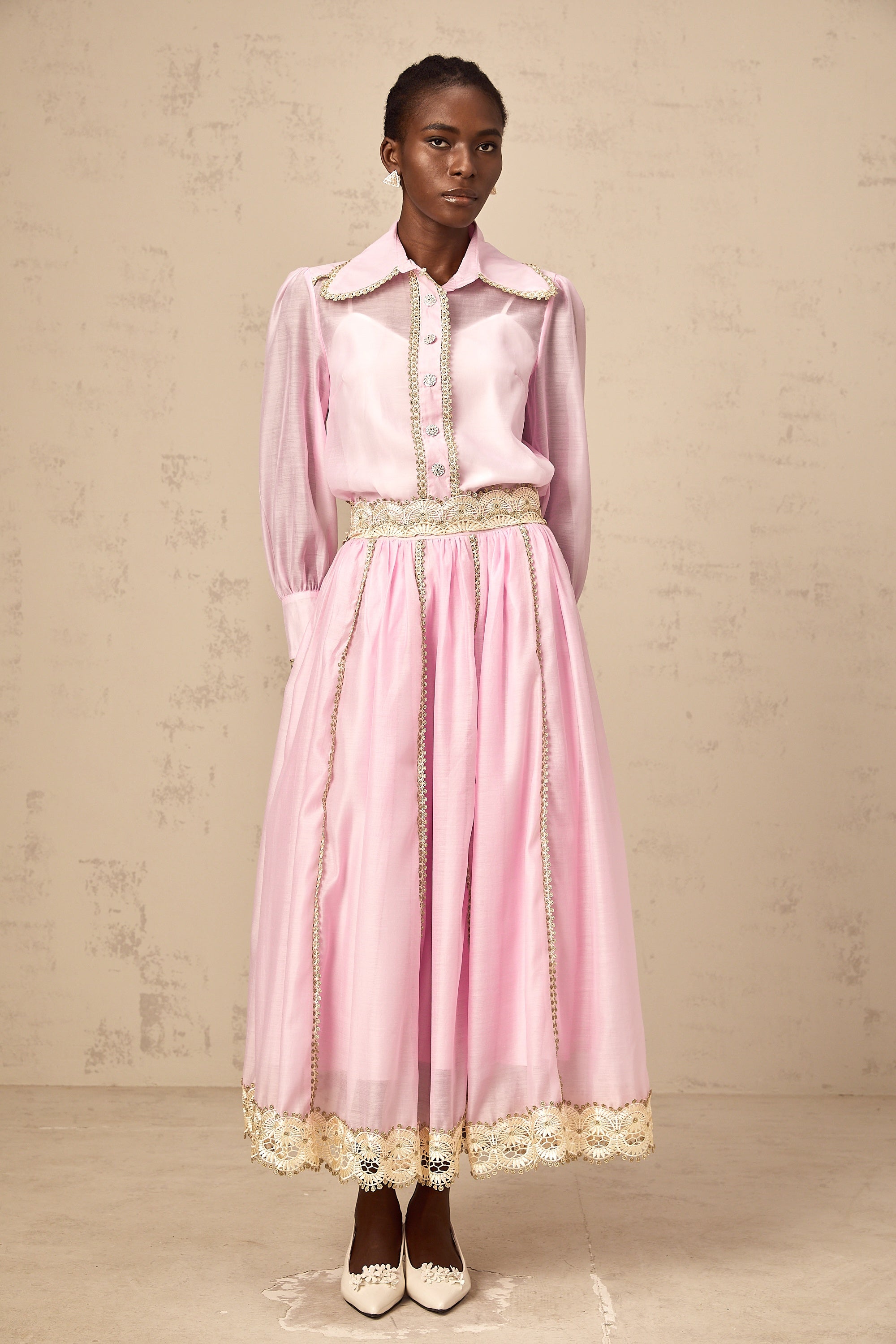 Frida pink lace-trim shirt & skirt matching set (Final Sale-US Only)