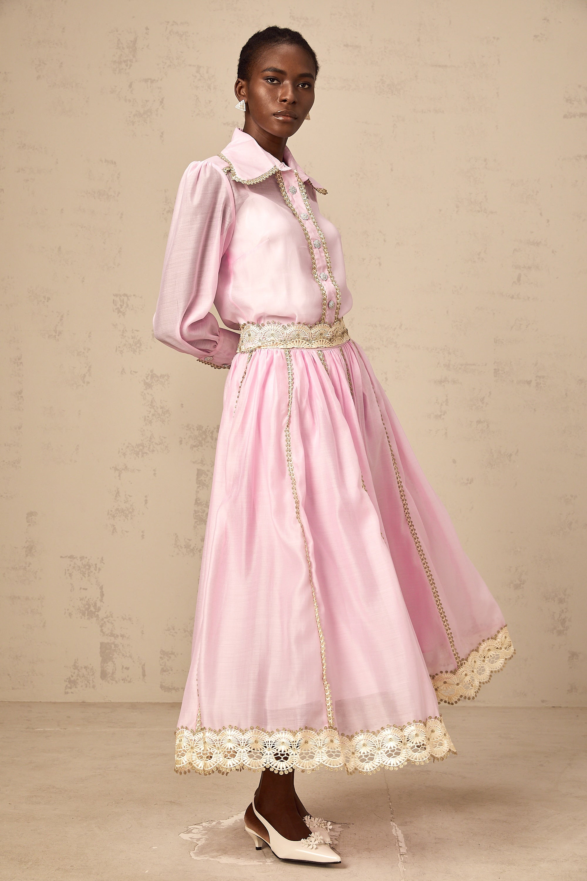 Frida pink lace-trim shirt & skirt matching set (Final Sale-US Only)