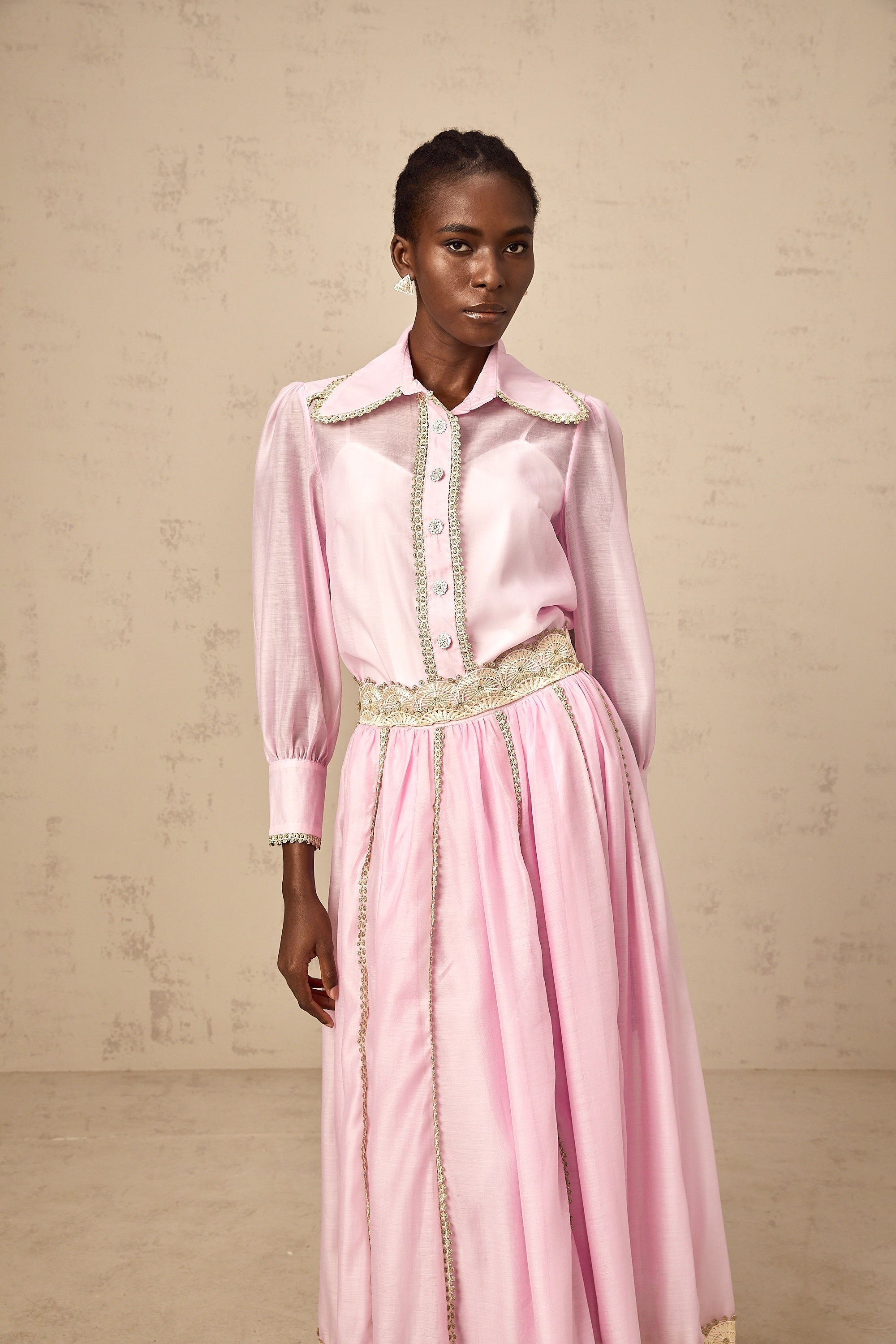 Frida pink lace-trim shirt & skirt matching set (Final Sale-US Only)