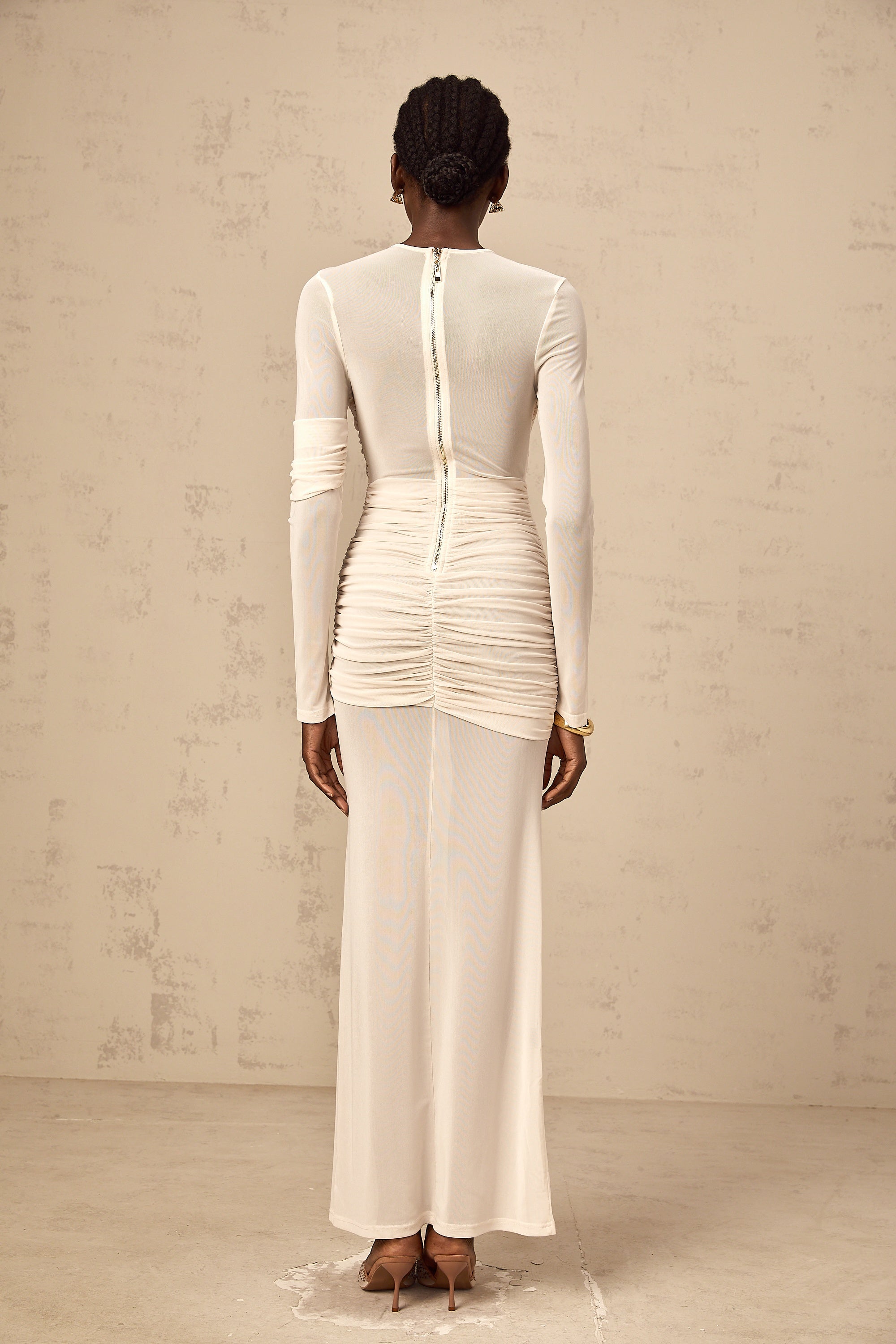 Véronique white ruched tulle maxi dress (Final Sale)