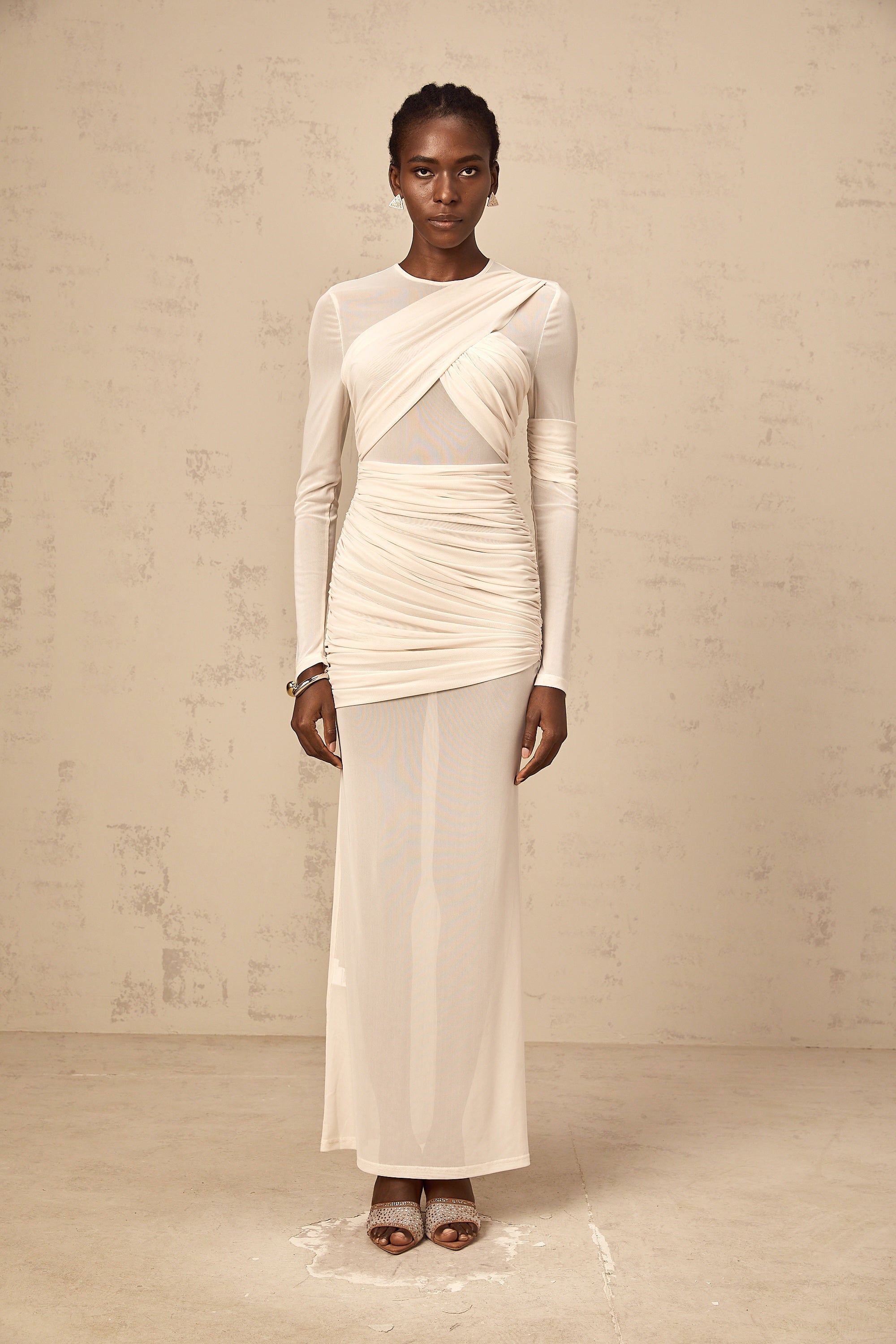 Véronique white ruched tulle maxi dress (Final Sale)