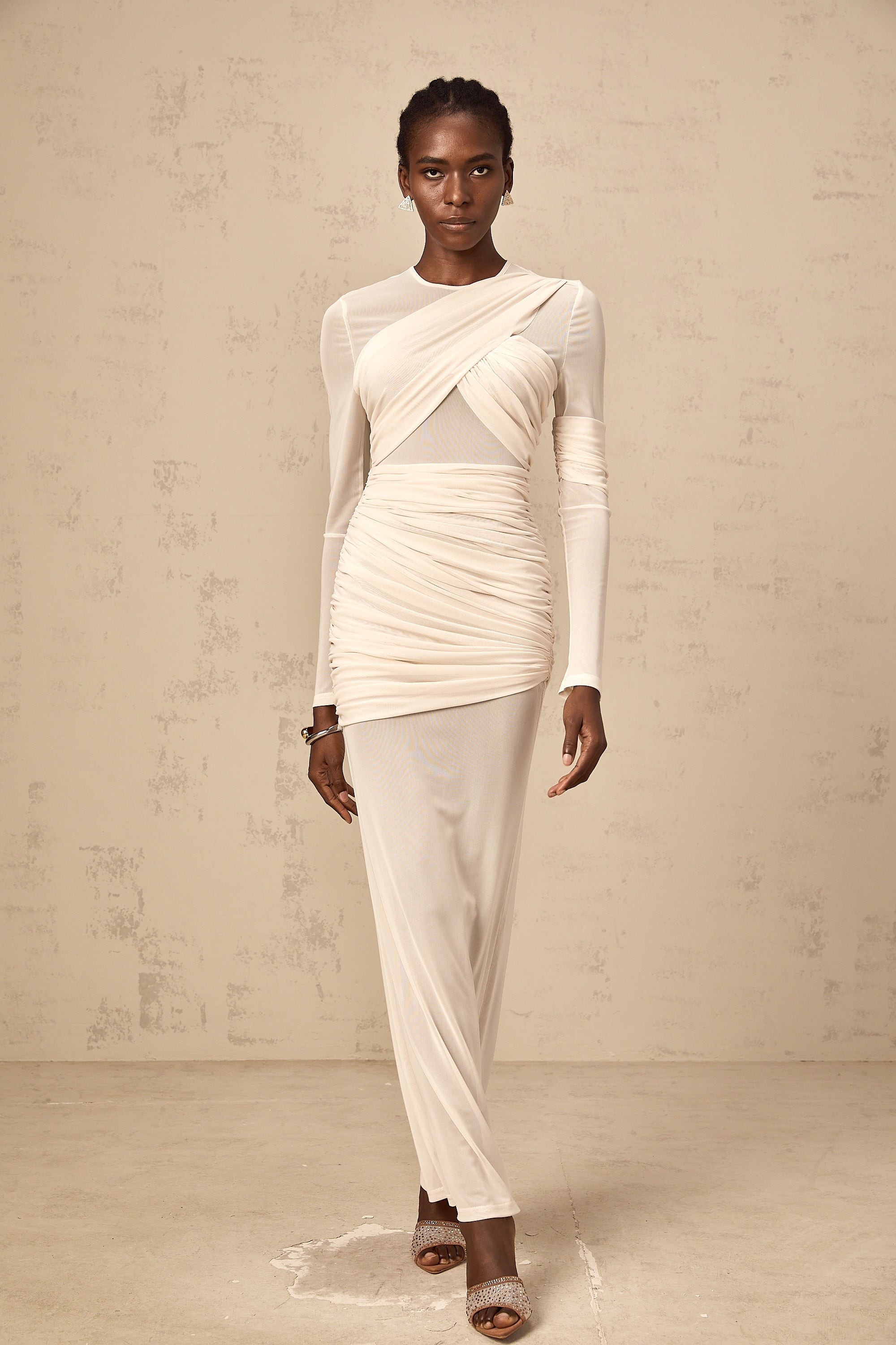 Véronique white ruched tulle maxi dress (Final Sale)