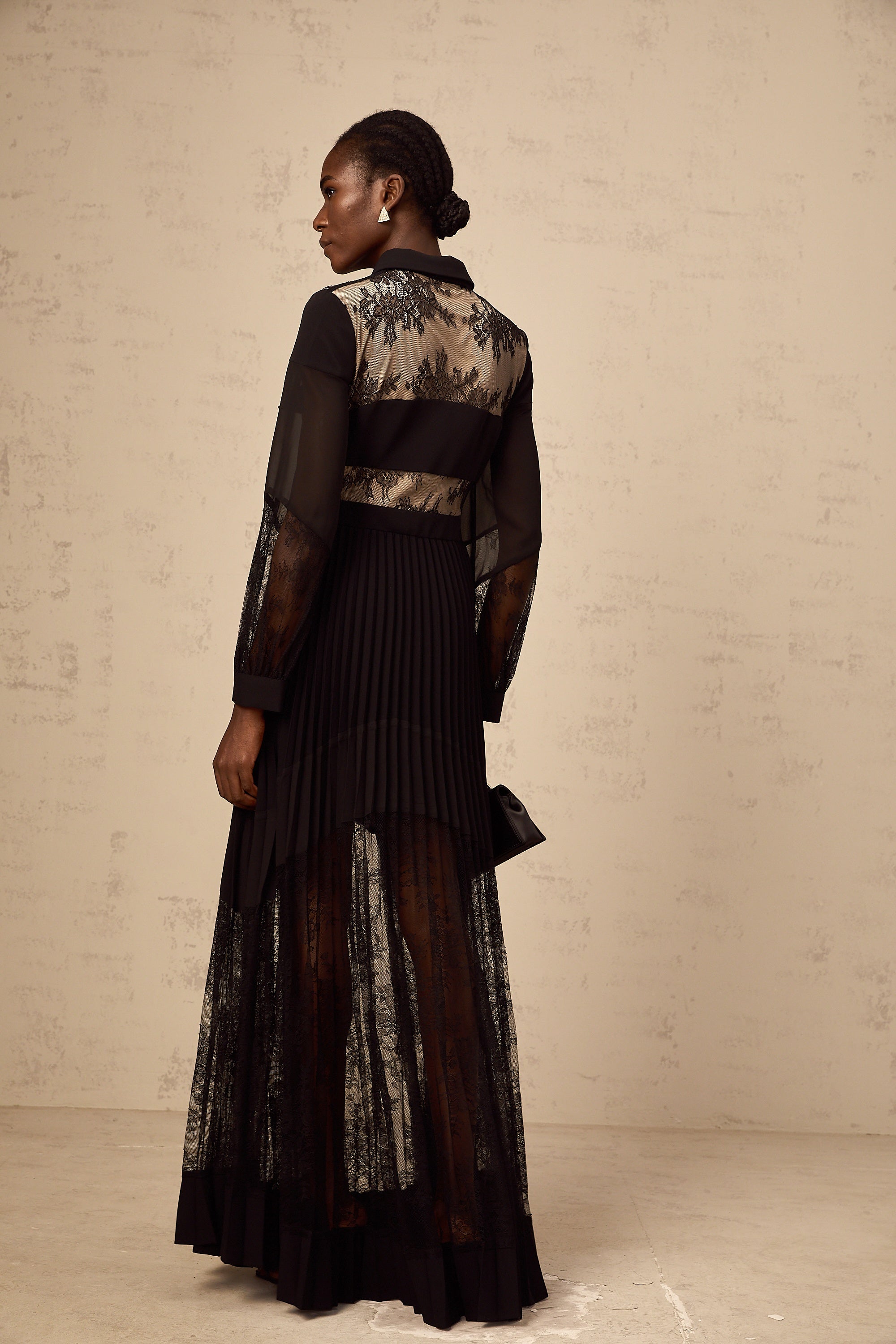 Ségolène black floral-lace-panel pleated maxi dress (Final Sale)