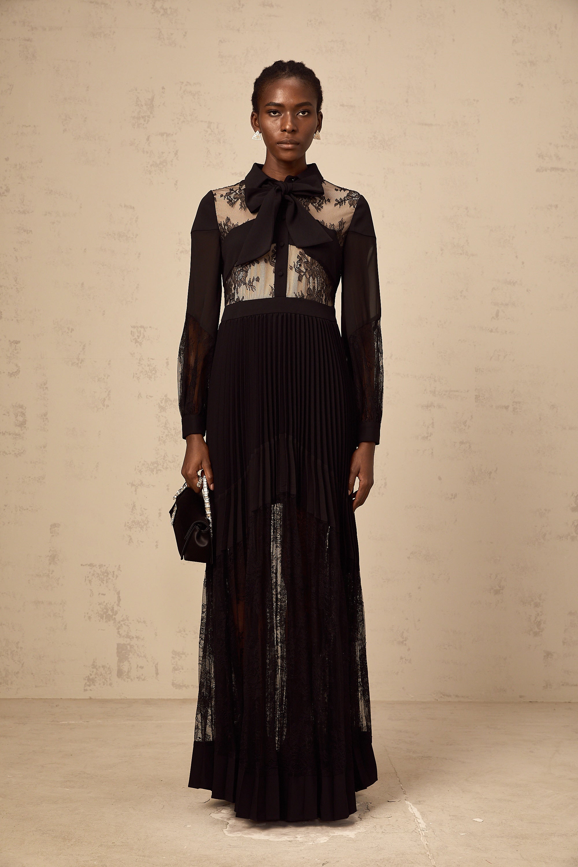 Ségolène black floral-lace-panel pleated maxi dress (Final Sale)