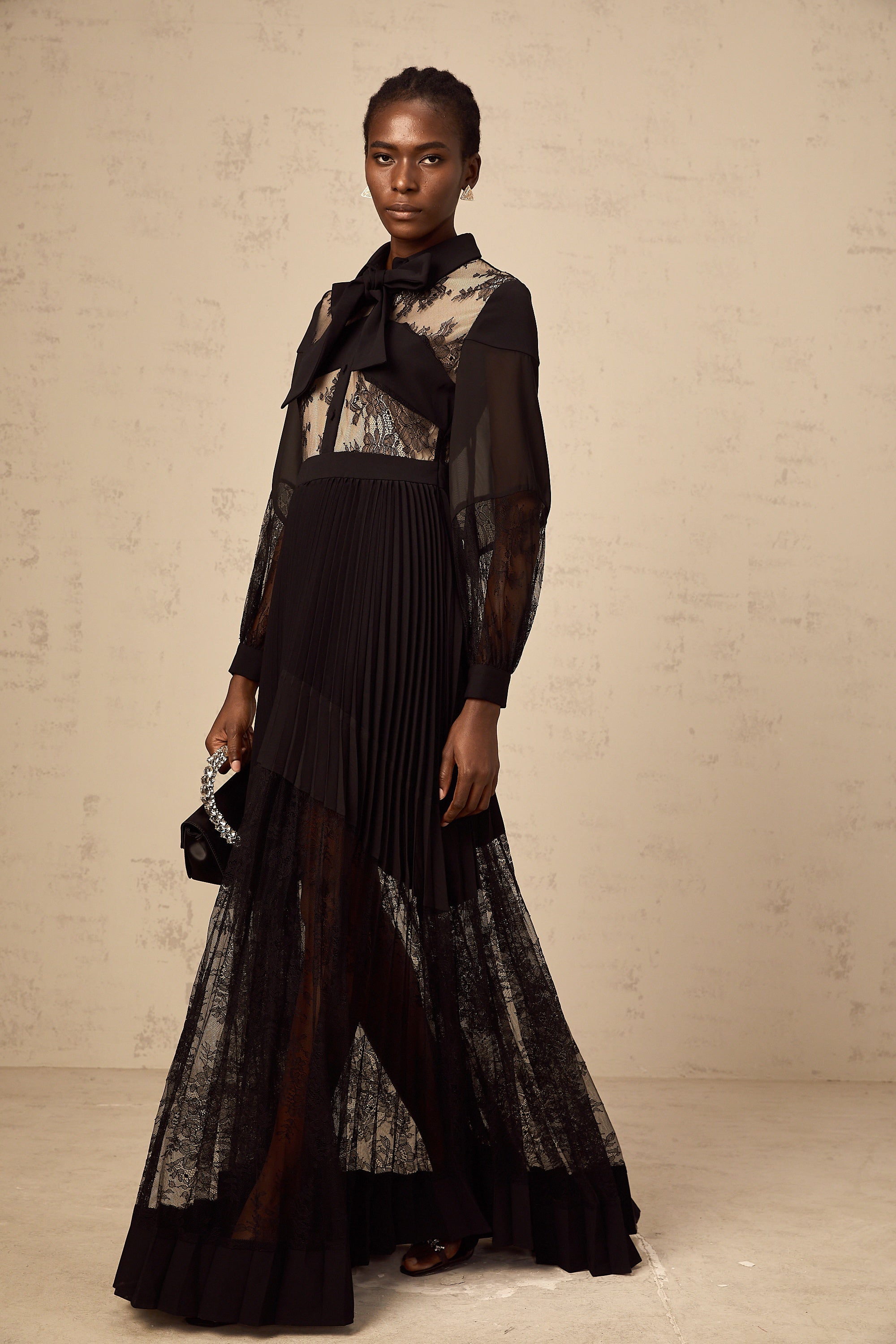 Ségolène black floral-lace-panel pleated maxi dress (Final Sale)