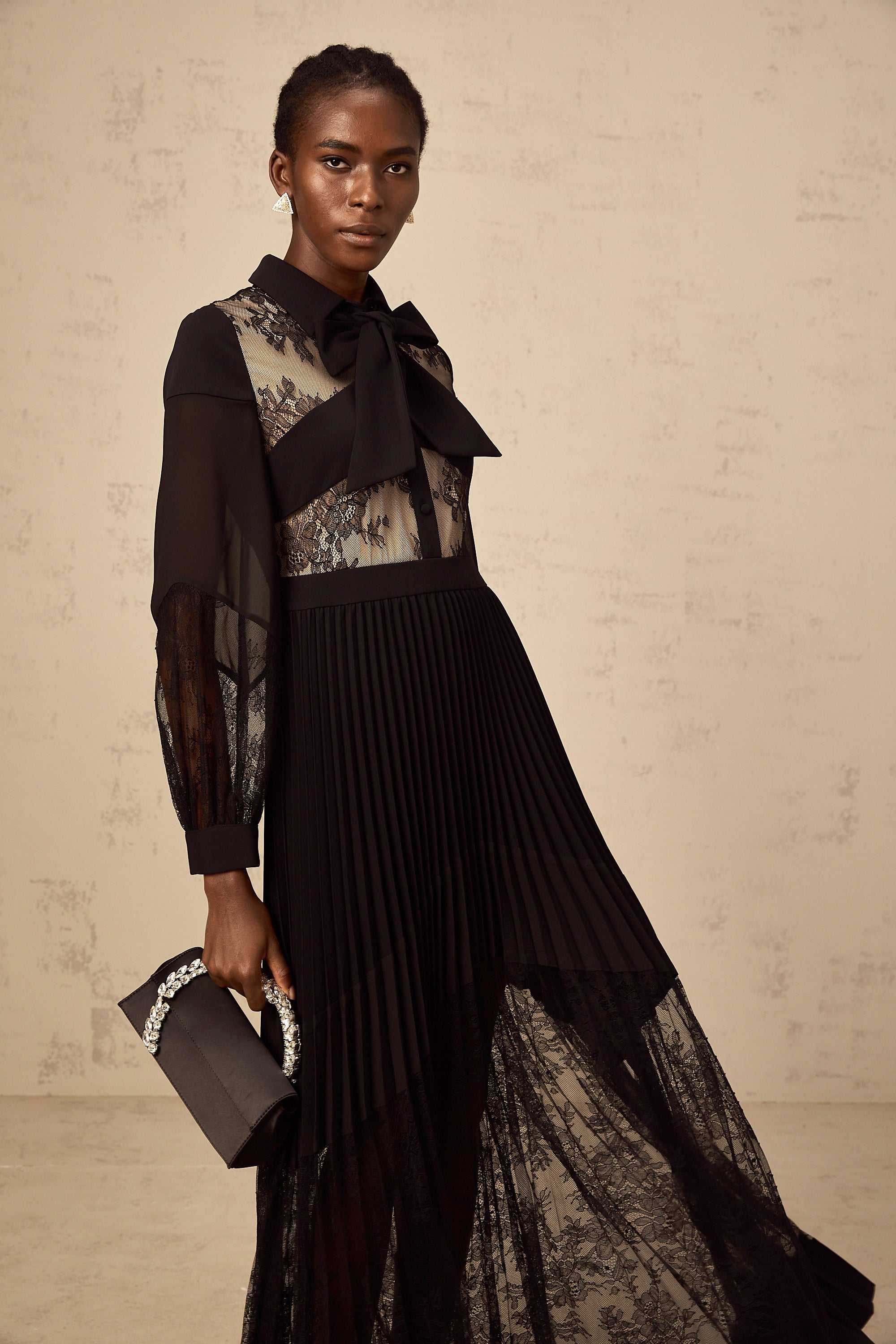 Ségolène black floral-lace-panel pleated maxi dress (Final Sale)