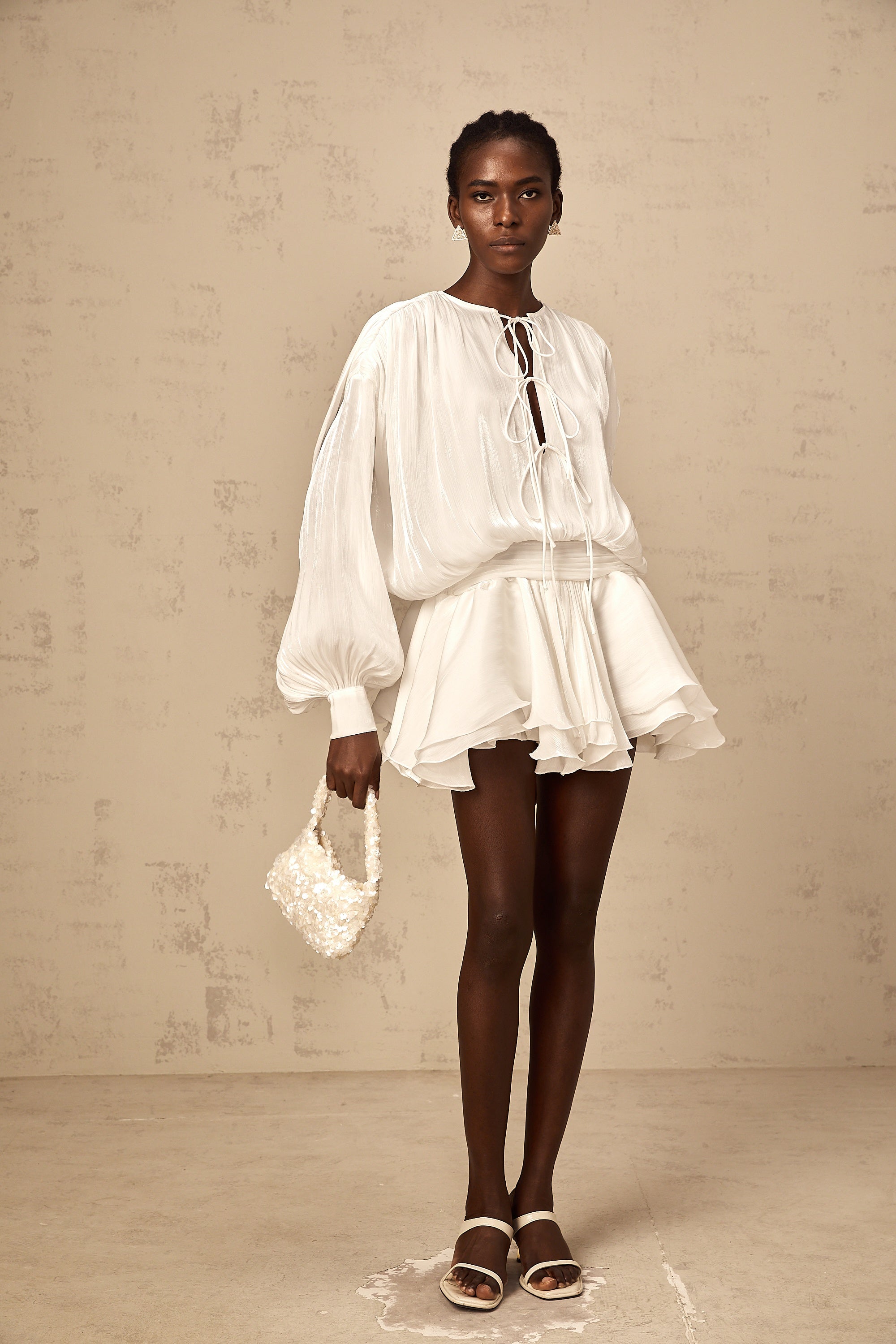 Mahault white pleated glitter-effect mini dress