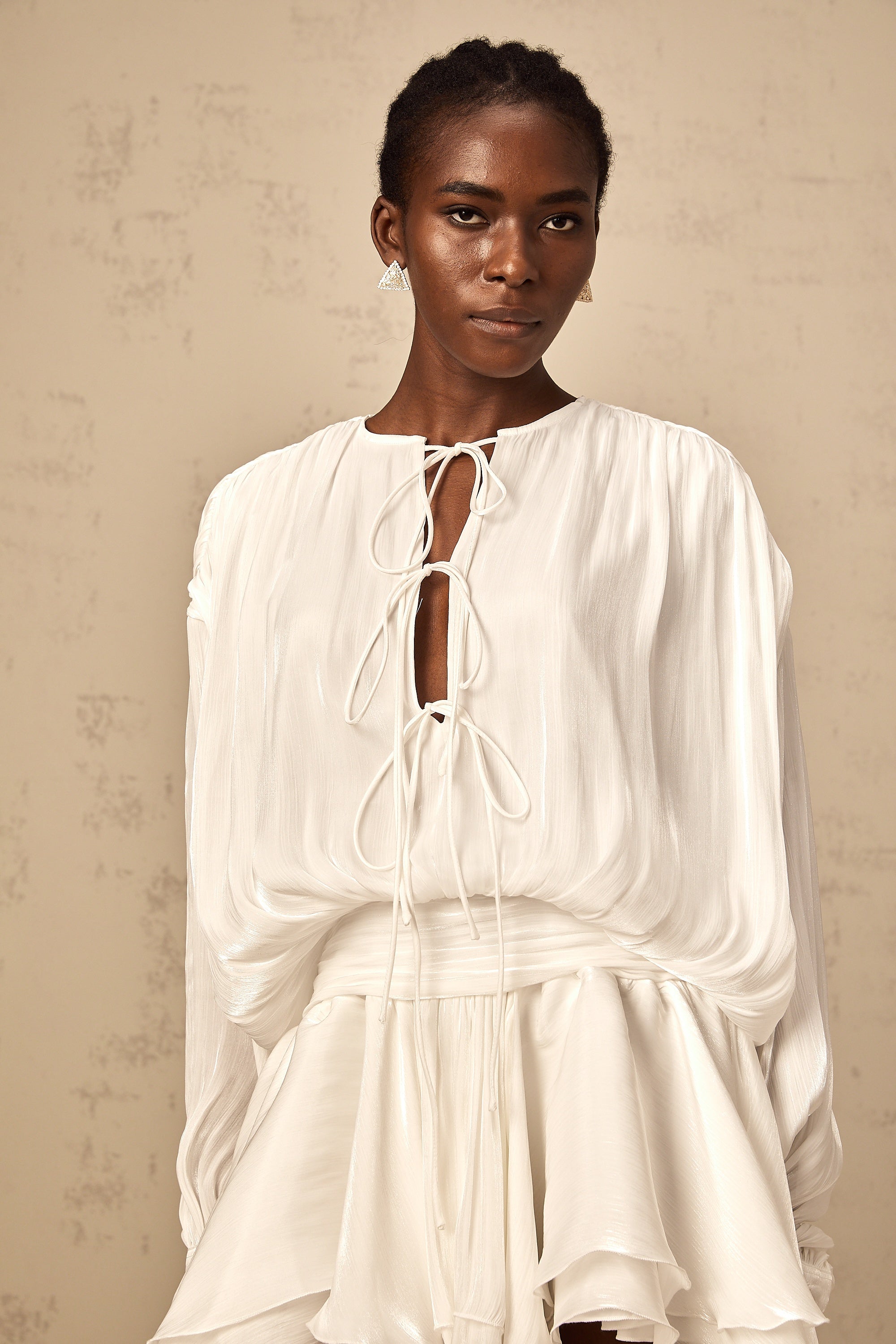 Mahault white pleated glitter-effect mini dress