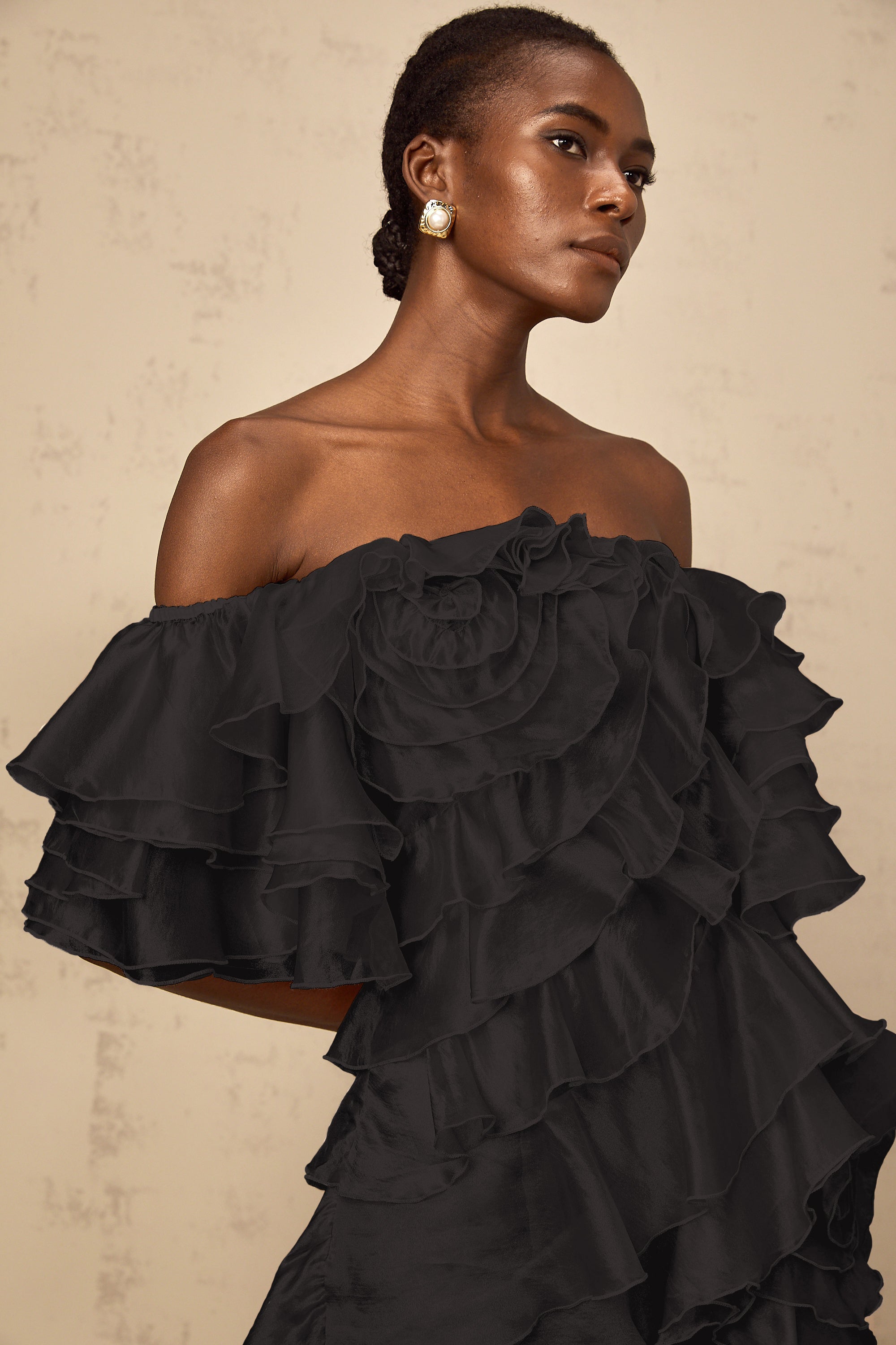 Cerise Asymmetrical Flounce Mini Dress in Black