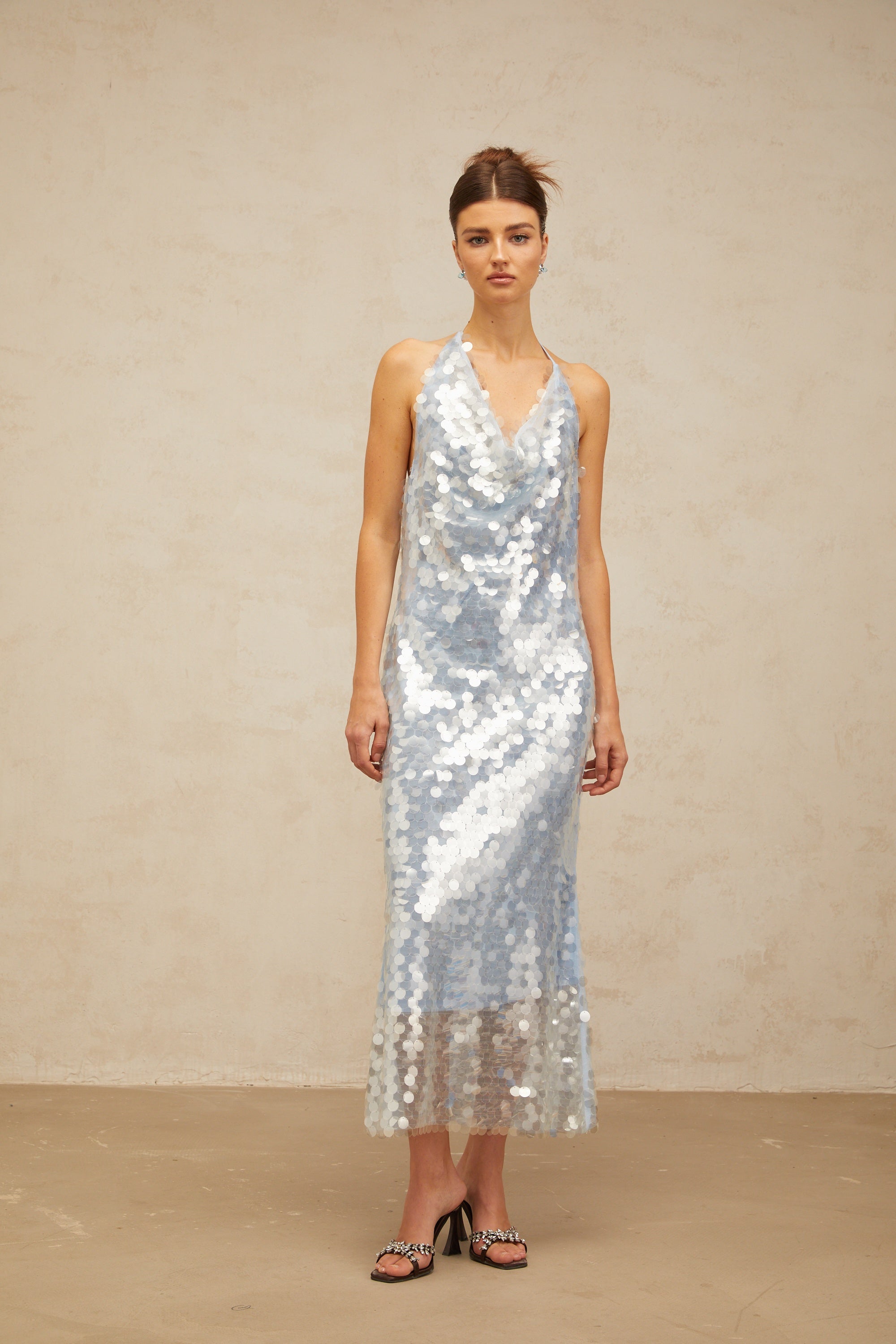 Babette blue halterneck sequined midi dress (Final Sale-US Only)