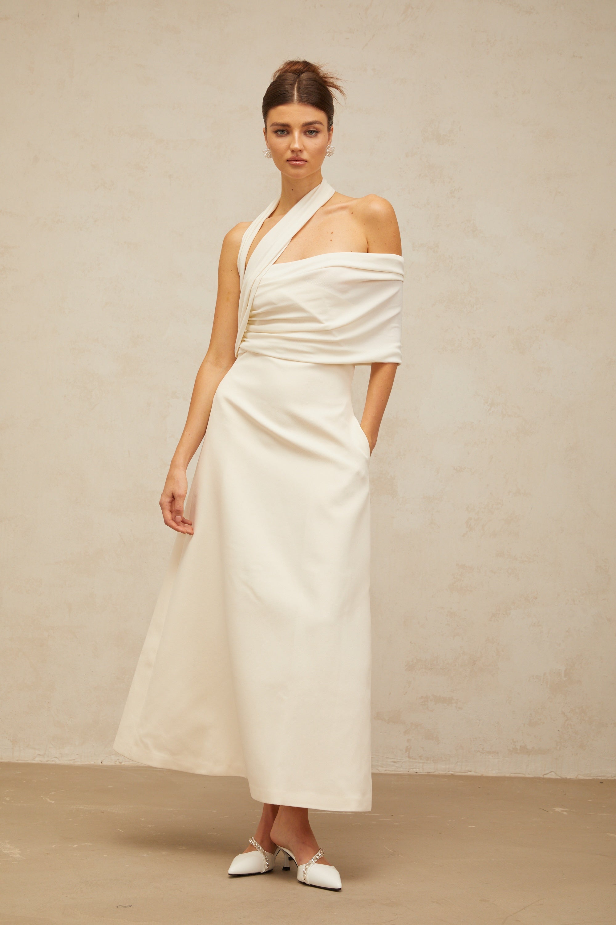 Solène cream-white asymmetrical midi dress (Final Sale-US Only)
