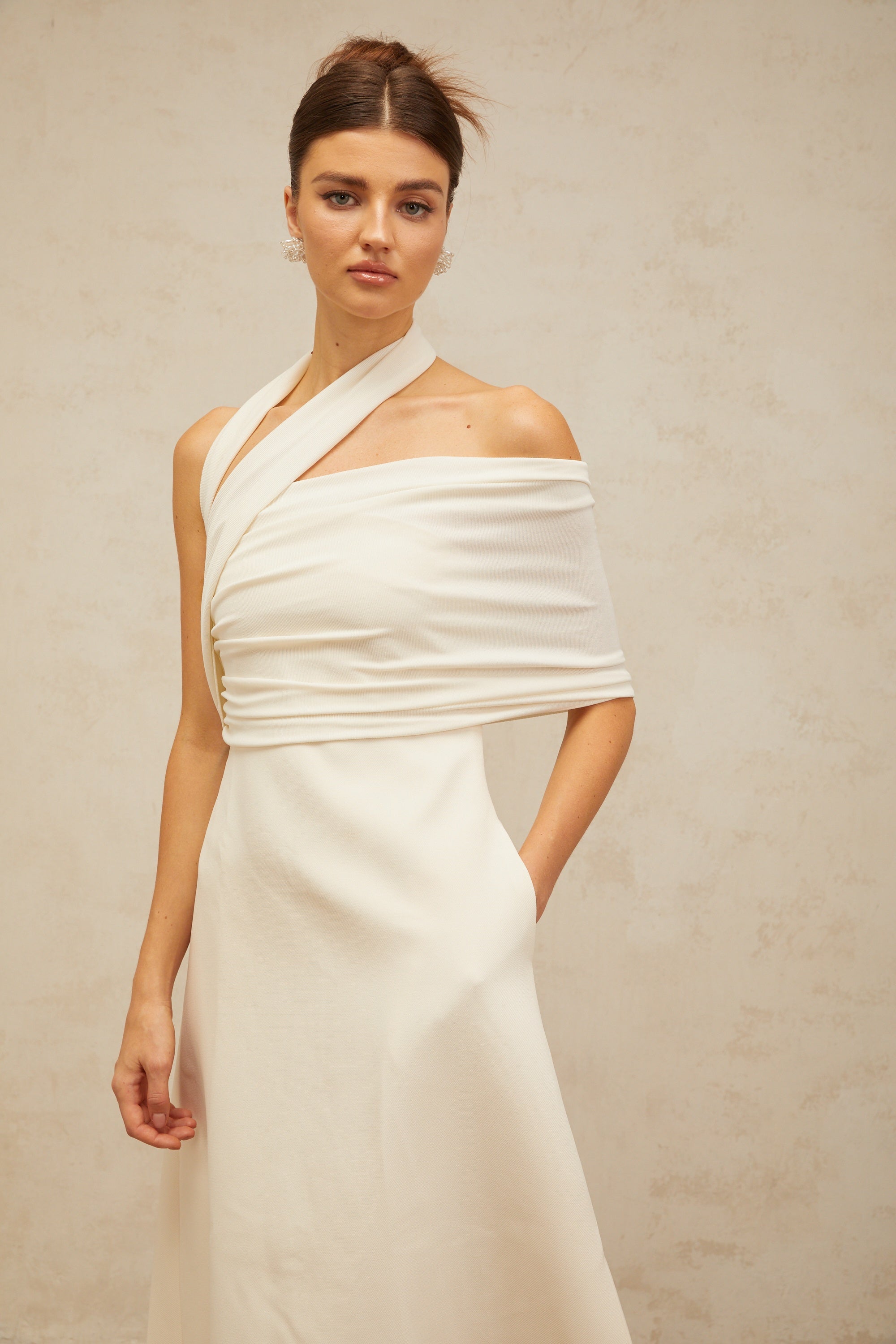 Solène cream-white asymmetrical midi dress (Final Sale-US Only)