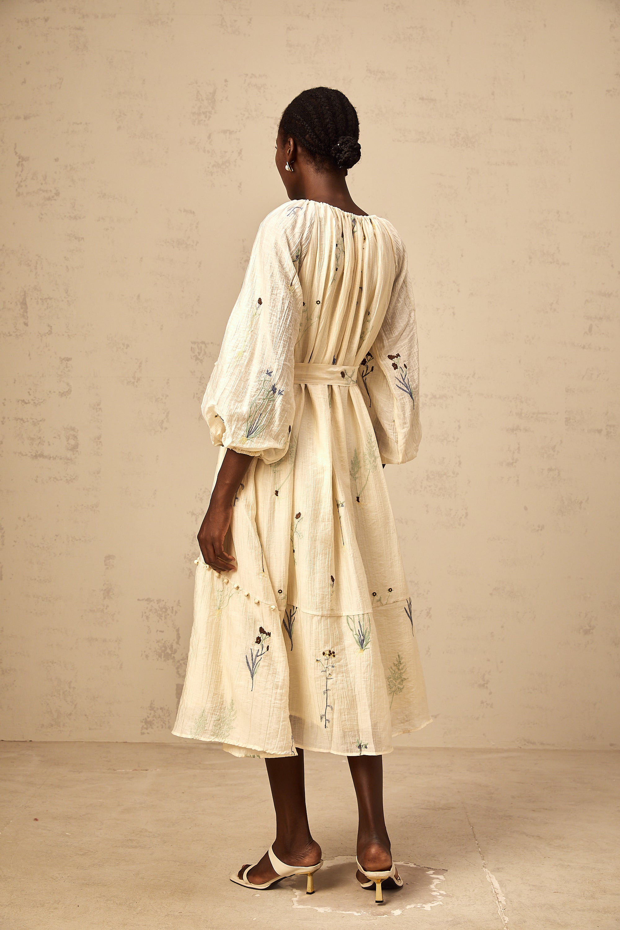 Uranie beige flower-embroidered beaded midi dress (Final Sale-US Only)