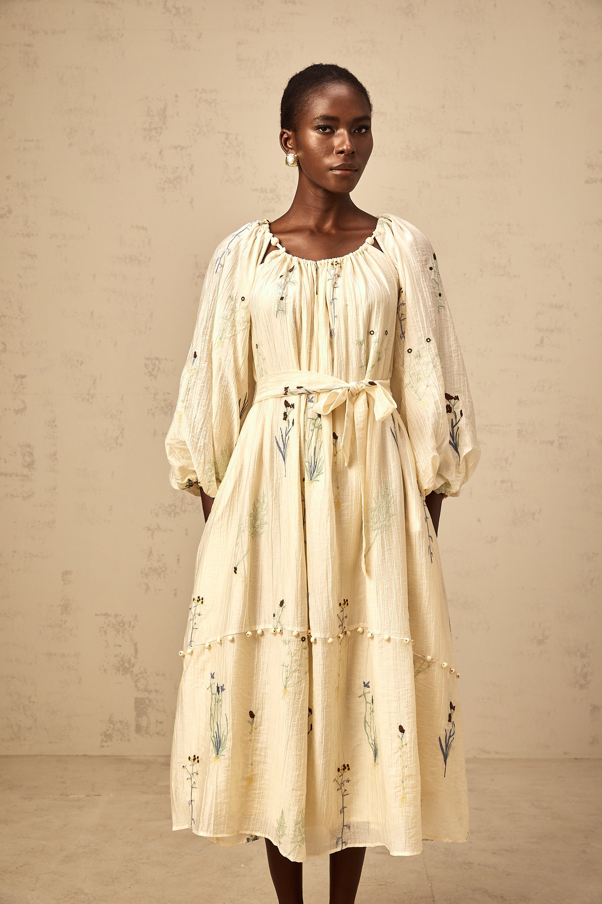 Uranie beige flower-embroidered beaded midi dress (Final Sale-US Only)